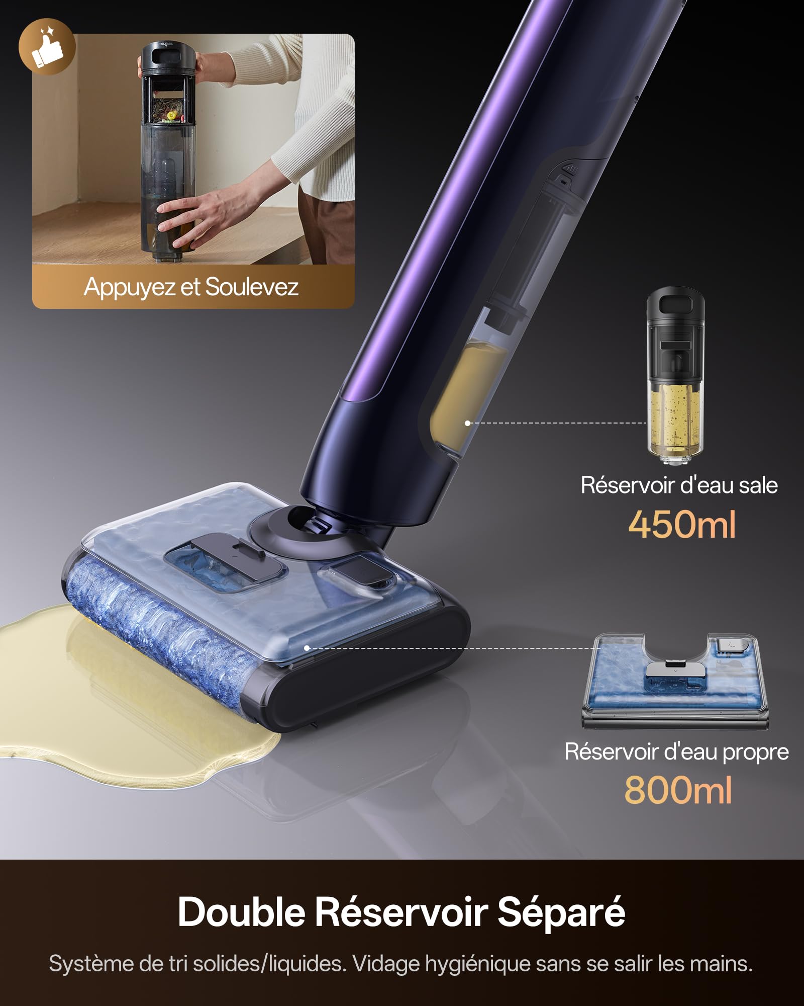 Ultenic AC1 Triflex Aspirateur Laveur, Aspirateur Sec Humide pour Sols durs, Nettoyage des Bords 0mm, Auto-Nettoyage Automatique, 55 Min, avec Voix Intelligente et Anti-Emballage de Cheveux