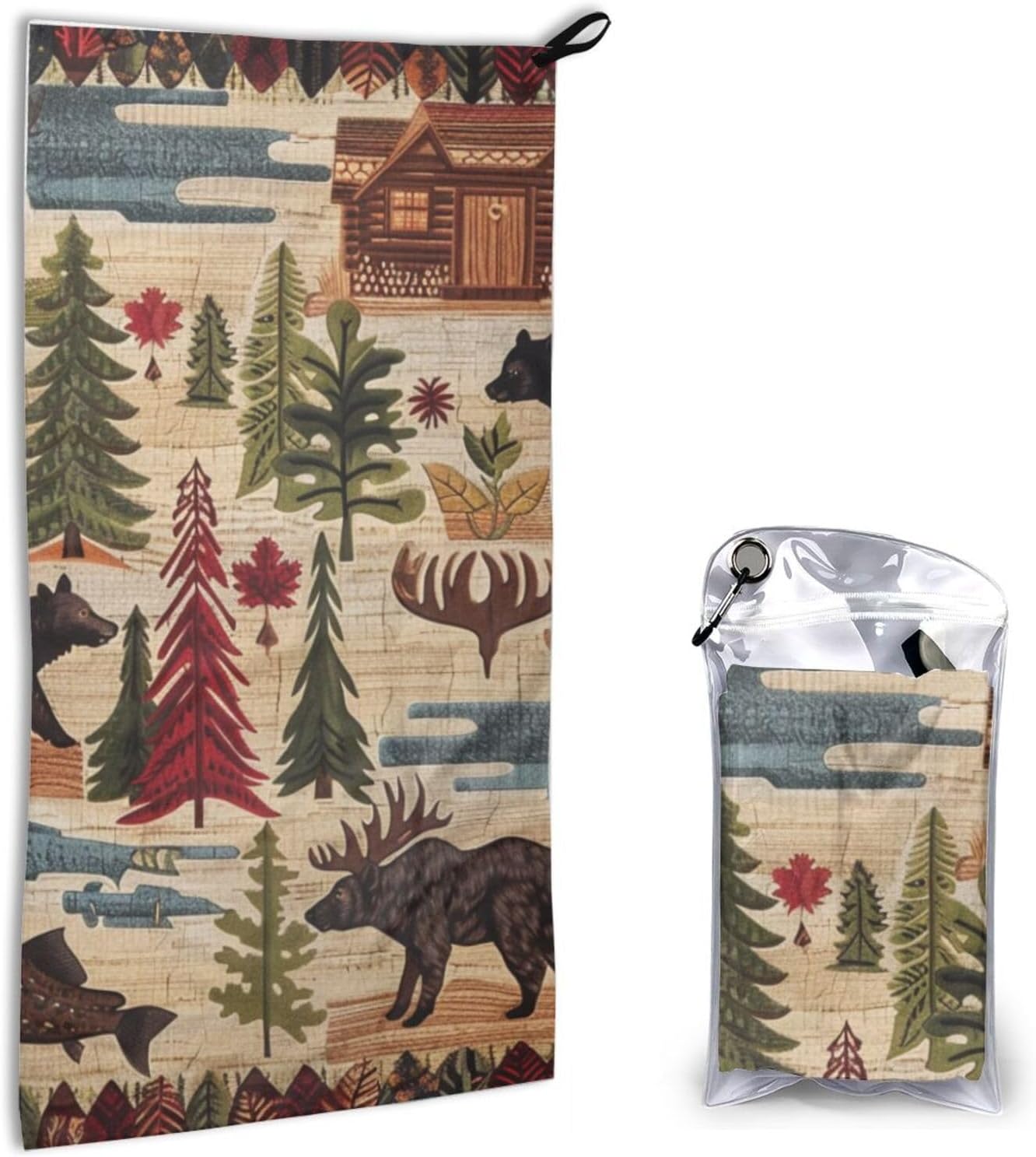 Lodge Bear Deer Fish Printed Microfiber Quick Dry Towel 16x31.5 in, Lightweight & Compact with PVC Pouch & Carabiner - for Beach, Camping, Gym, Travel & Home Use