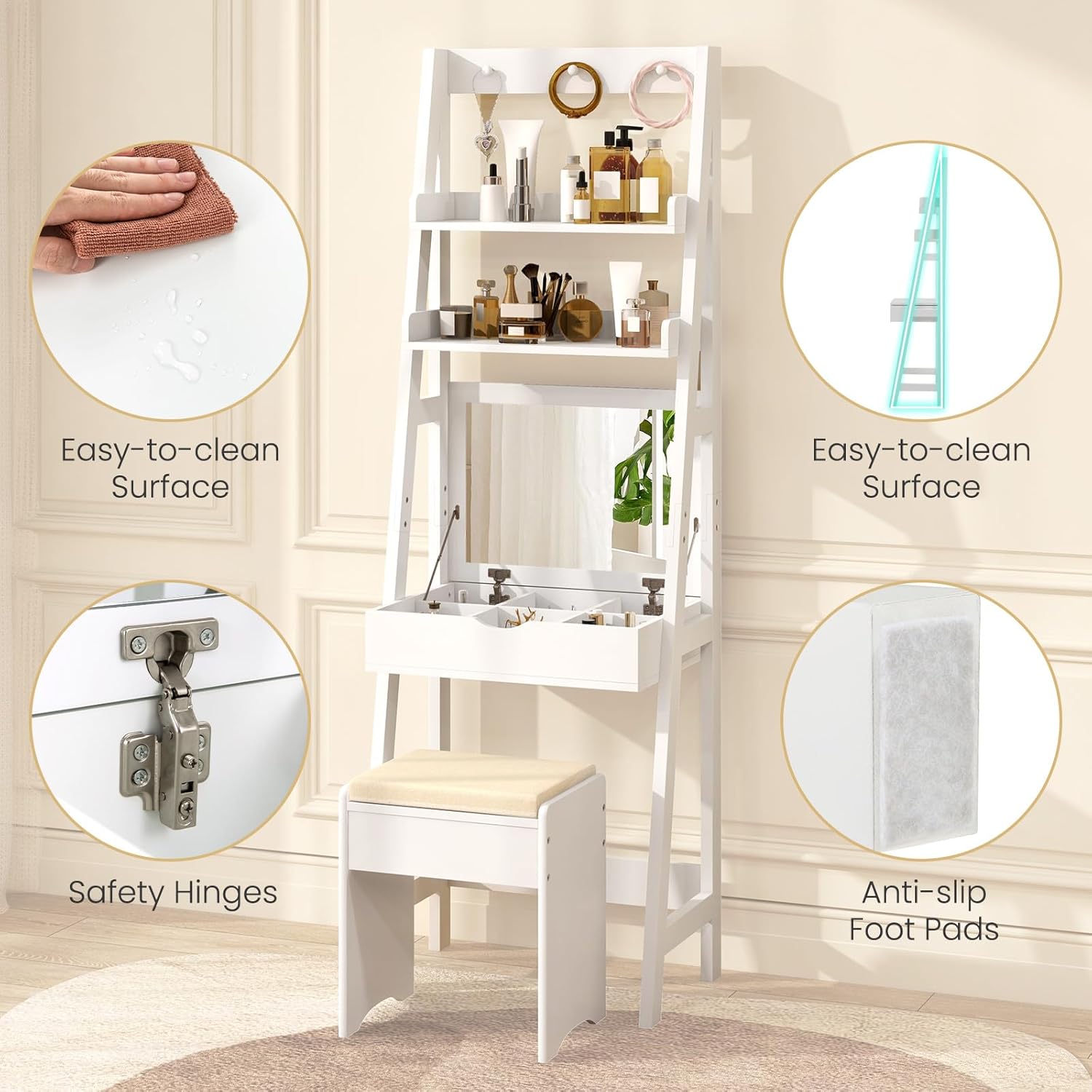 LOKO Vanity Desk with Flip-up Mirror & Stool, Makeup Vanity Set with 3-Color Lighting, 6 Compartments, 2 Storage Shelves & 3 Upper Hooks, Space-Saving Vanity Table Set for Bedroom, Studio