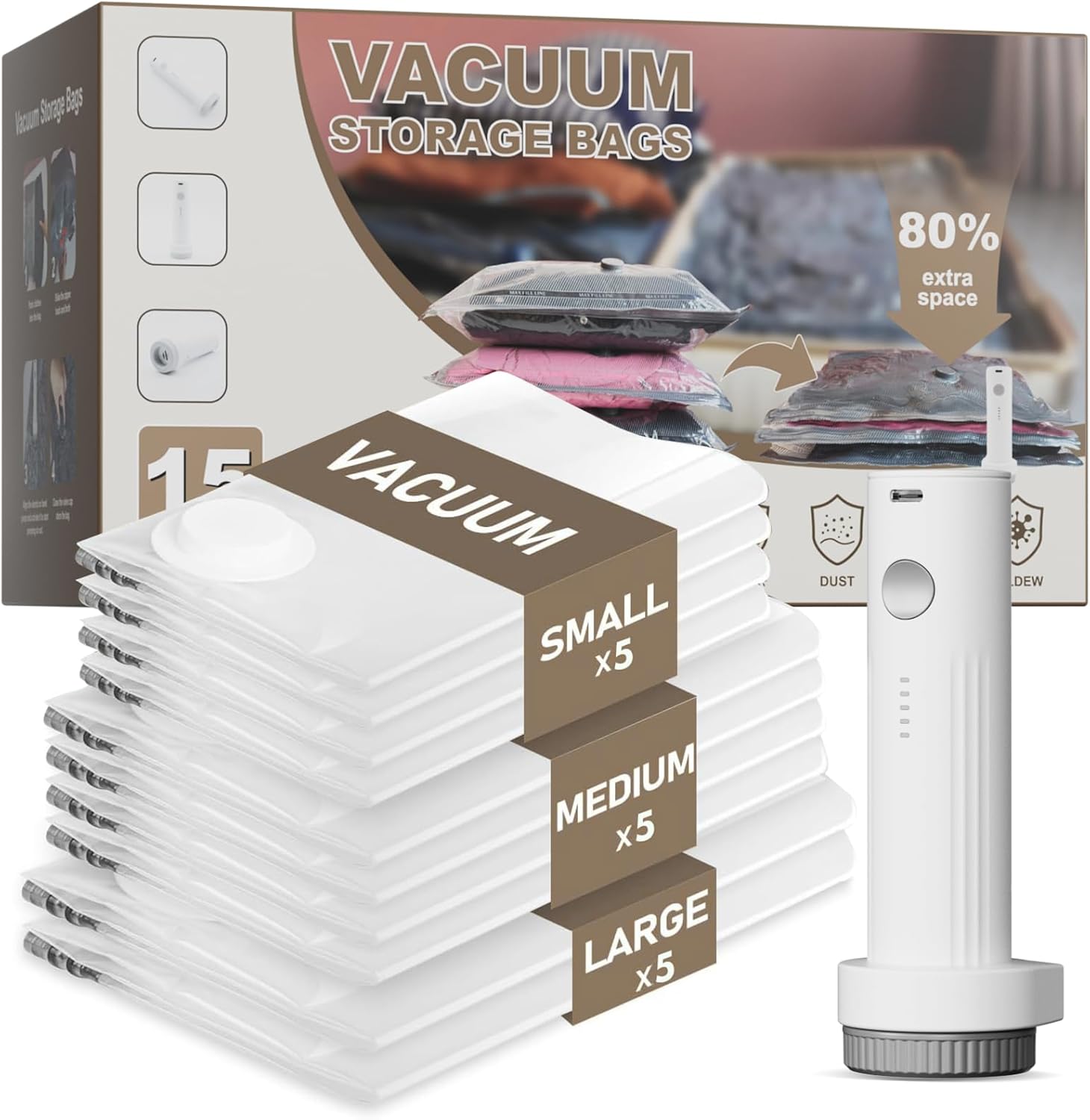 Vacuum Seal Bags with Rechargeable Pump - 15 Pack Clothes Storage for Small Space Family Seasonal Organizers - Home Travel Trip Use with 5 Large 5 Medium 5 Small