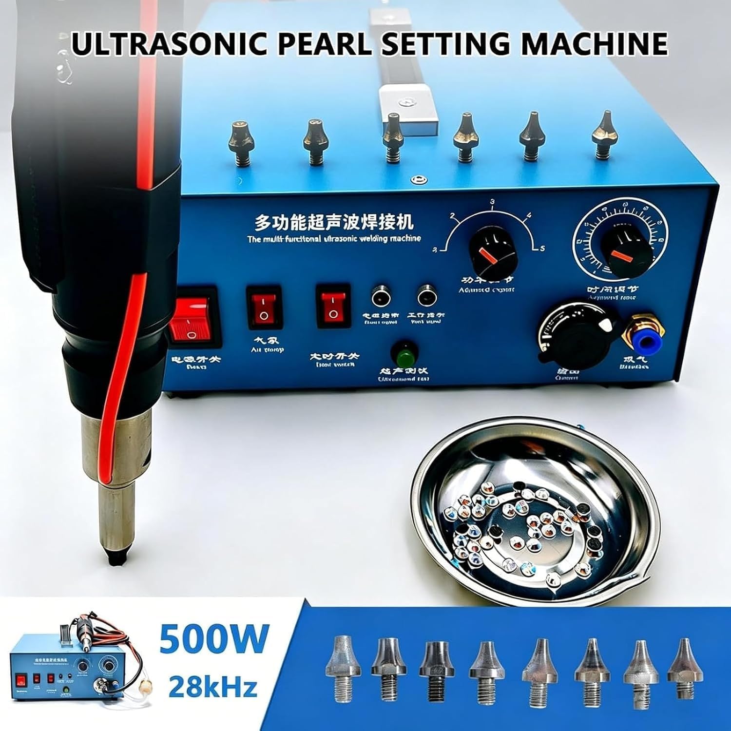 Macchina Per Incastonatura Di Perle A Ultrasuoni Da 500 W, Pressa Per Fissaggio Di Strass Con 8 Punte Intercambiabili, Intervallo 1-8 Mm, 50-80 Pezzi/min, Potenza/timer Regolabili, Per Perline