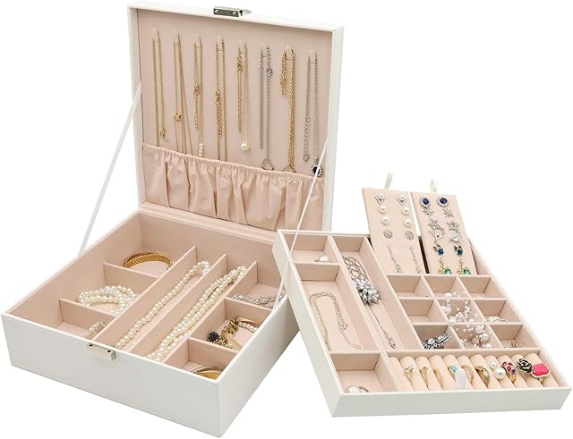 Procase Jewellery Box Organiser for Necklace Earrings Bracelets Rings Accessories, Large PU Leather Jewelry Storage Case Organizer with Double Stackable Layer, Gifts for Women Girls -White