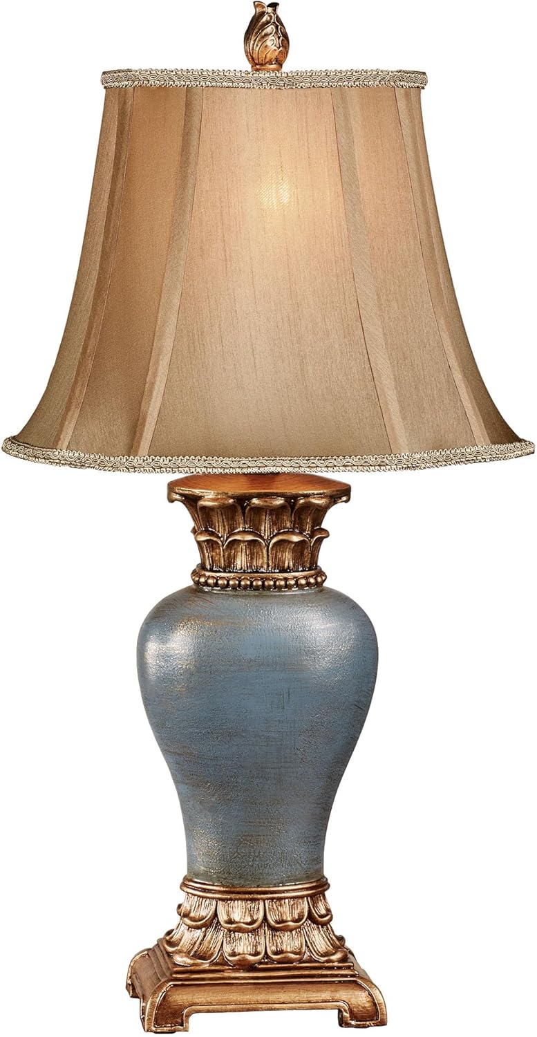 Chapelton Traditional Table Lamp - Handcrafted Resin Blue Base, Gold Accents, Tan Faux Silk Shade | Elegant Living Room Bedroom Lighting