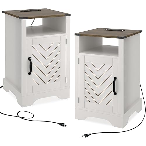 Nightstand Charging Station Tall Farmhouse End Table for Bedroom, Living Room, 16" D x 16" W x 25" H(Set of 2), White and Rustic Oak