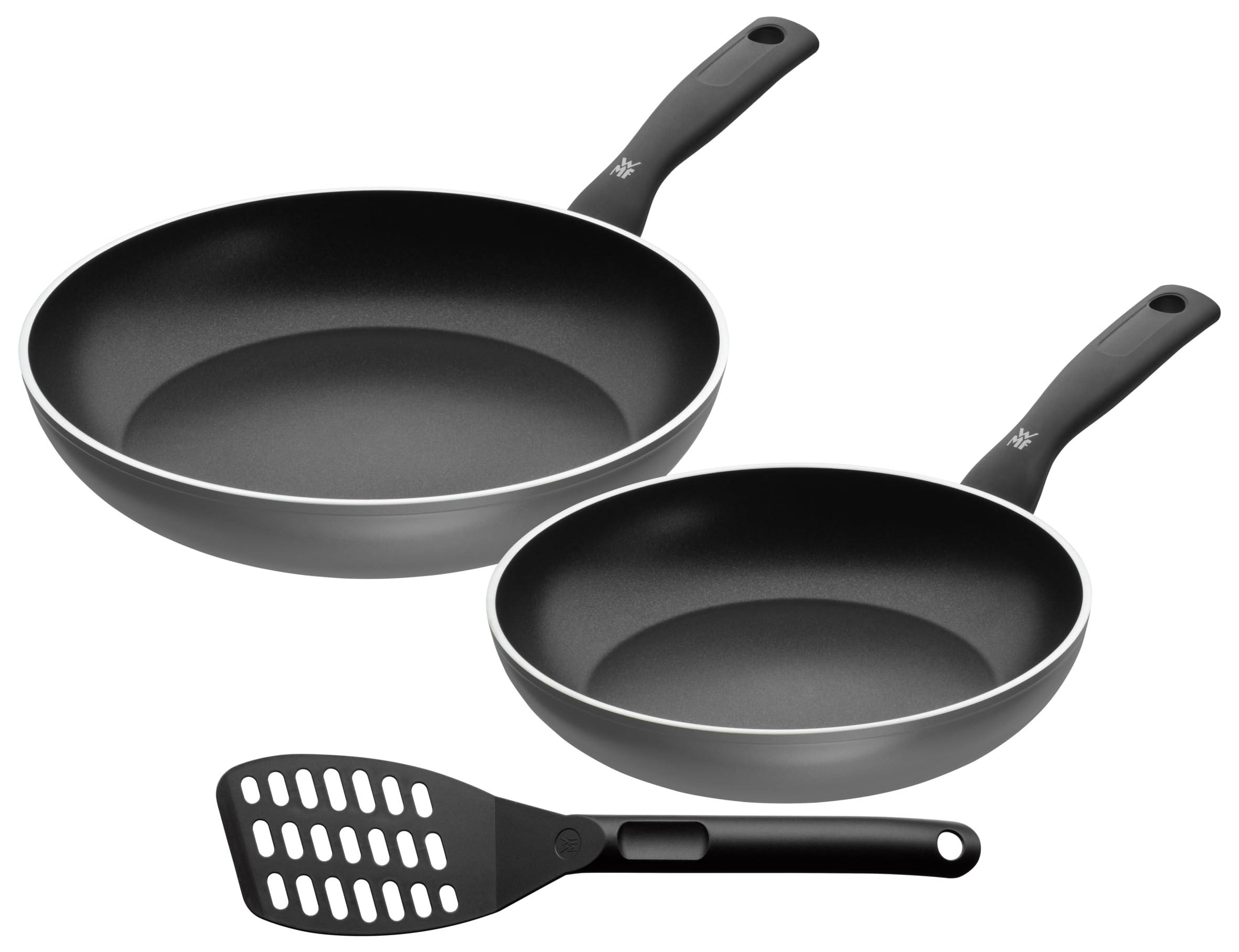 WMF Permadur Inspire 2-częściowy zestaw patelni indukcyjnych, patelnia 24 + 28 cm, powłoka aluminiowa, powłoka nieprzywierająca, ergonomiczny uchwyt z tworzywa sztucznego, łopatka do patelni