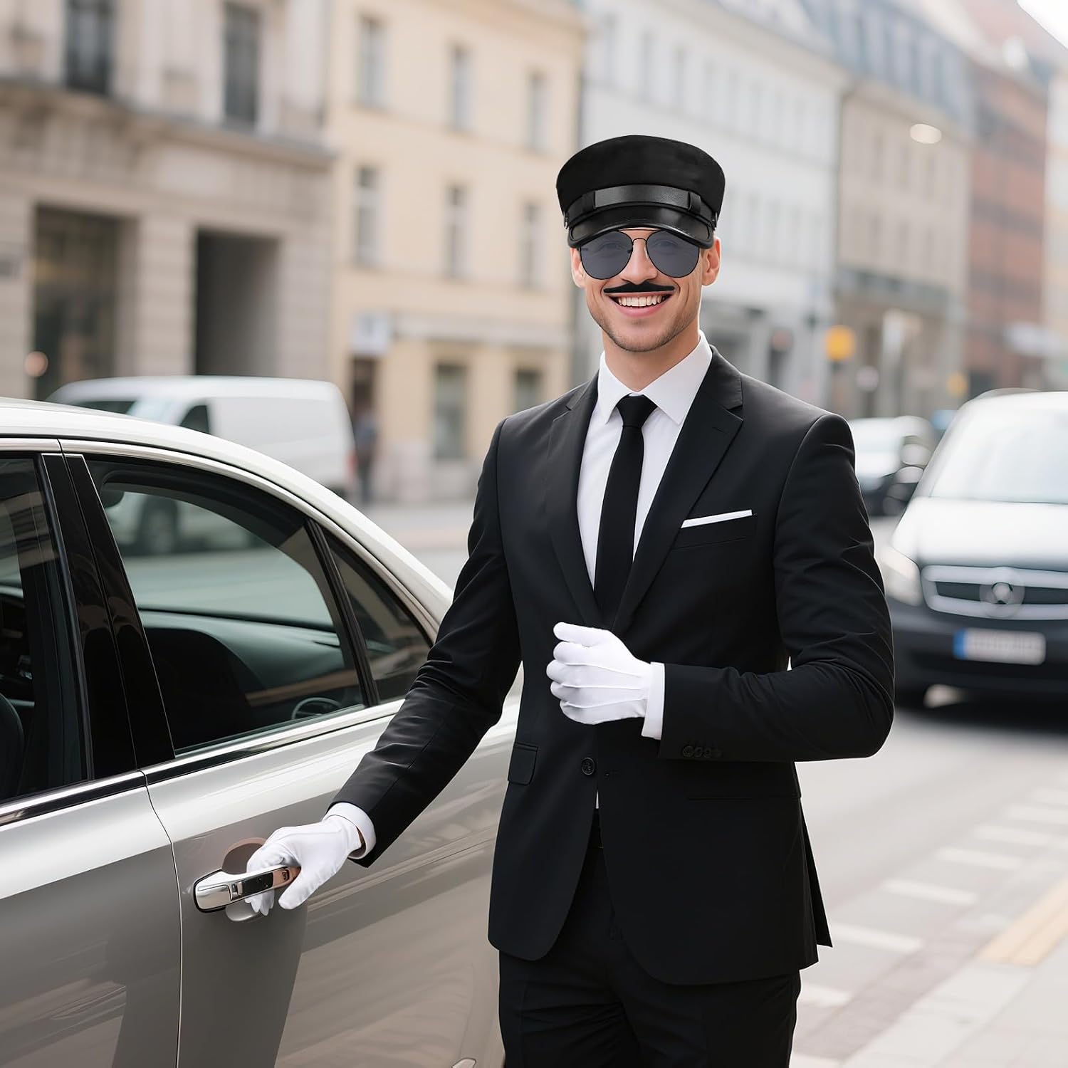 Chauffeur Hat for Men Women,Limo Driver Costume Accessories with Chauffeur Hat Sunglasses Gloves Bow Tie Set for Adult Halloween Cosplay Party