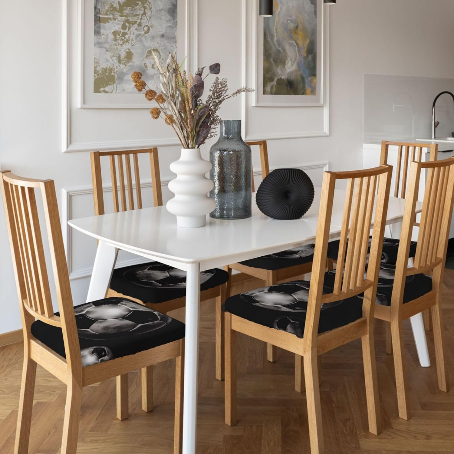 Soccer Black Print Square Cushion Covers 6 Pcs Set Elastic Non-Slip Seat Cushion Slipcovers Pet Furniture Protectors for Chair, Sofa