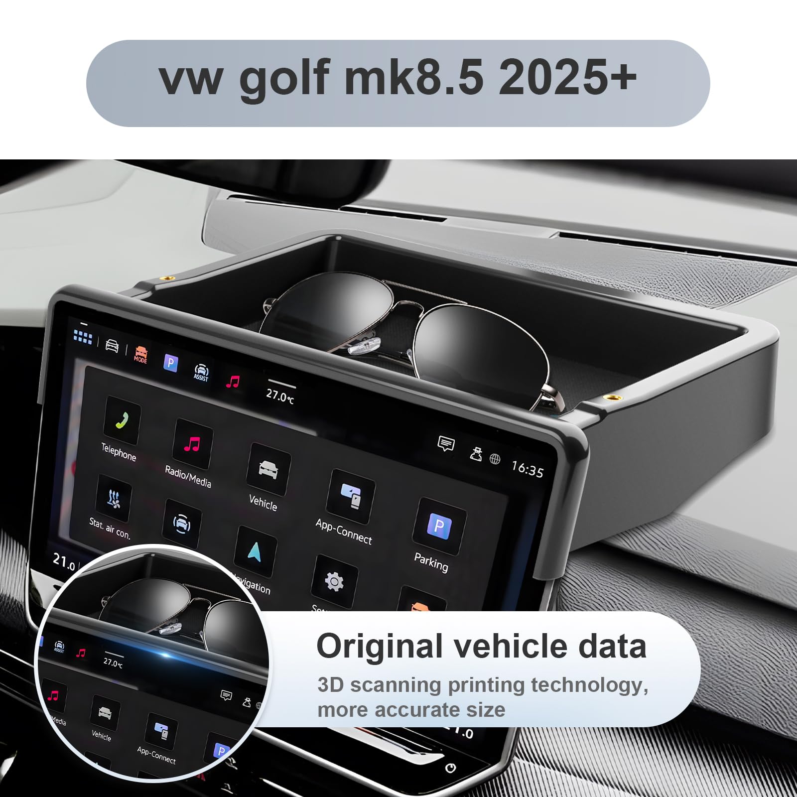 SKTU Organizzatore di Vassoio Dietro Lo Schermo Compatibile con VW Golf 8.5 2025+ | Scatola di stoccaggio della Console Centrale per Schermo Touchscreen di Navigazione 12.9" Accessori VW Golf 8.5