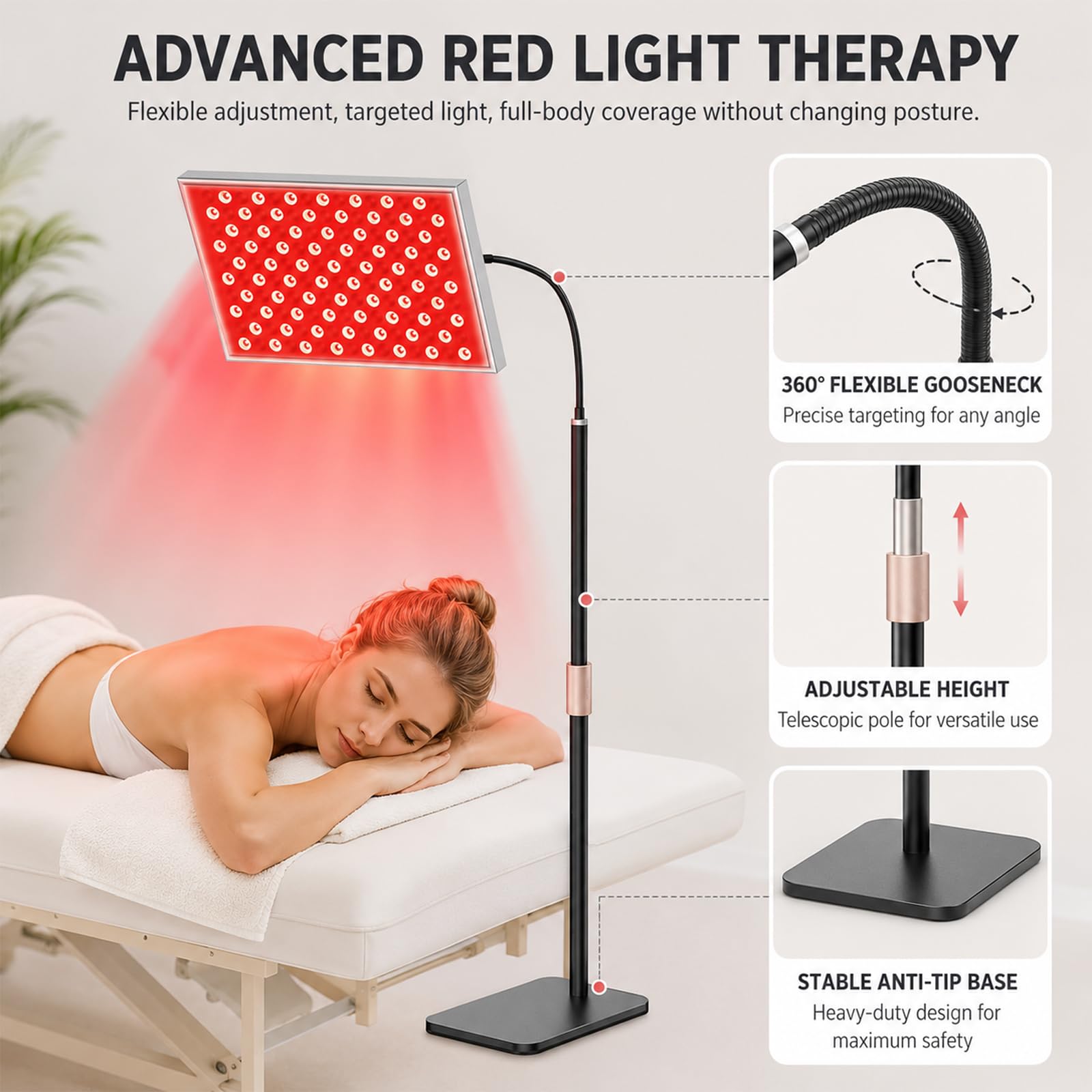 Lámpara de luz roja de 225 ledes, lámpara de panel de infrarrojos con 5 niveles y temporizador, 660 nm y 850 nm, terapia de luz roja infrarrojo cercana con soporte ajustable para cuerpo, cara, cuello