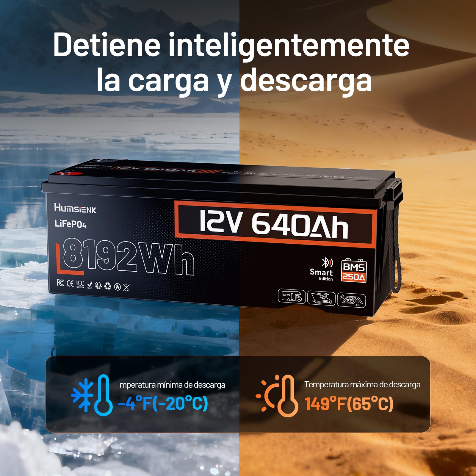 Humsienk Bluetooth Batterie Lithium 12V 640Ah LiFePO4 avec 250A BMS Protection, Plus de 6000 Cycles,8192 Wh,pour Camping-Car, Marine, Installation Solaire, Système Hors Réseau,Alimentation de Secours