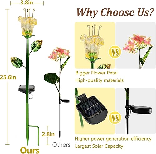 Miniatura 6 de Luces solares de estaca de flores, paquete de 2 estacas de metal alimentadas por energía solar, flor de lirio de vidrio amarillo, luces LED de