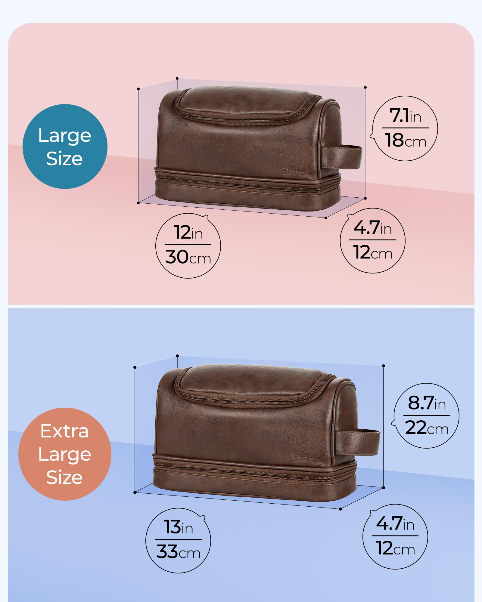Elviros Beauty case da uomo in pelle PU, organizer da viaggio con gancio per appenderlo, grande borsa da toeletta resistente all'acqua (caffè)