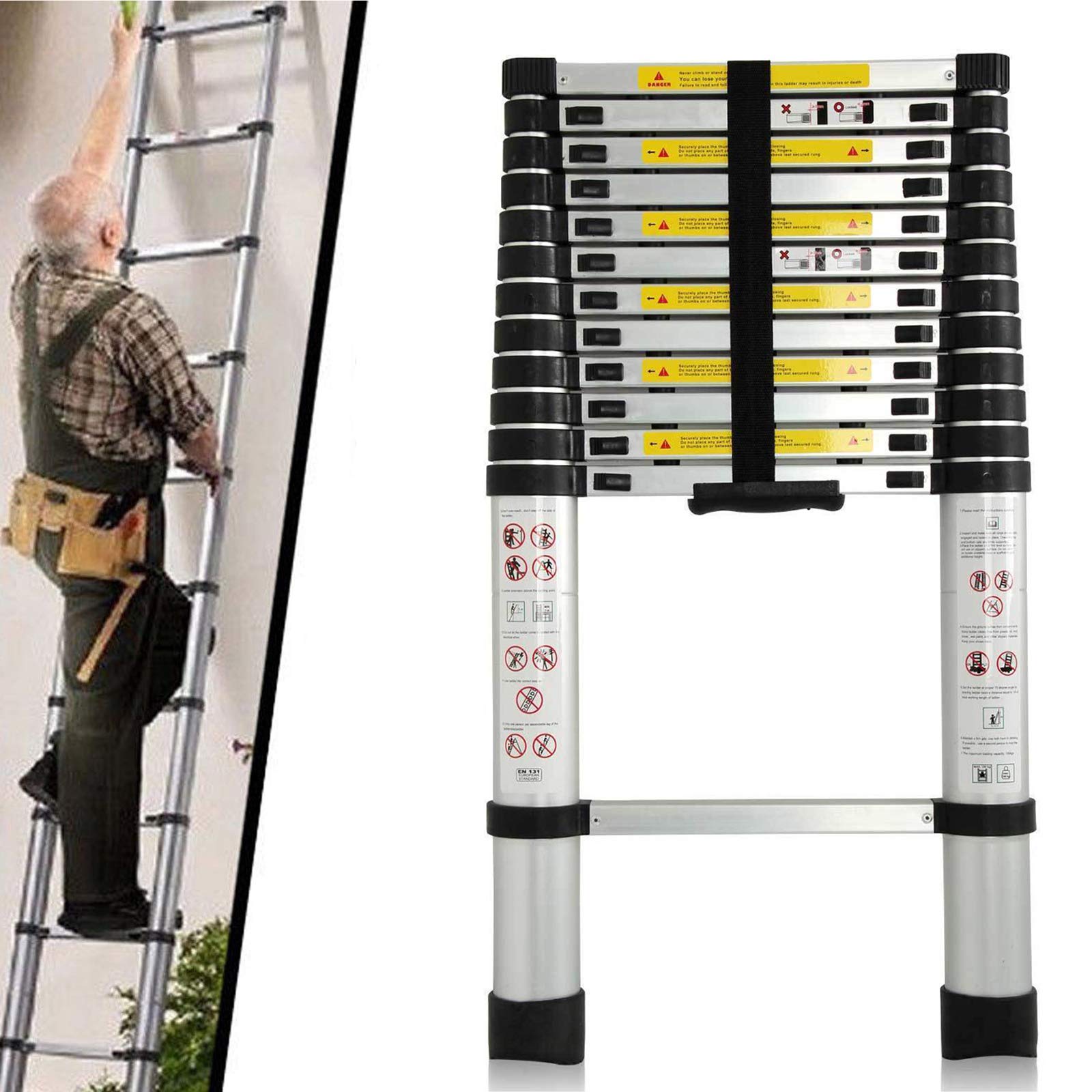 Collapsible Ladder 12.5FT (3.8M）Aluminum Lightweight Portable DIY Extendable Stepladder Folding 330 Pounds Capacity EN131