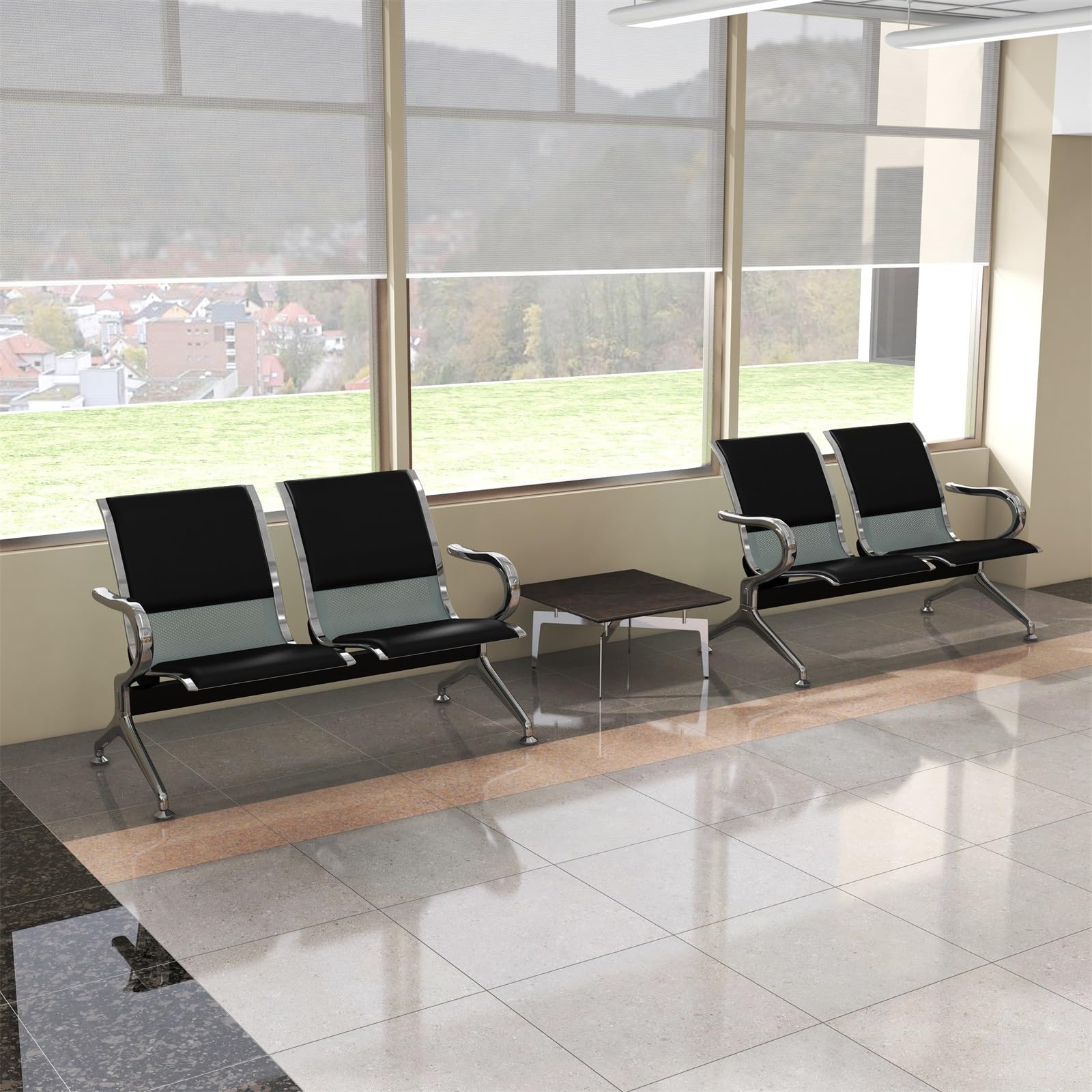 kinbor PU Leather Waiting Room Chairs - Airport Salon Office Waiting Area Reception Chairs Furniture Bench with Arms for Bank, Hospital, Barbershop, Black (Set of 2)