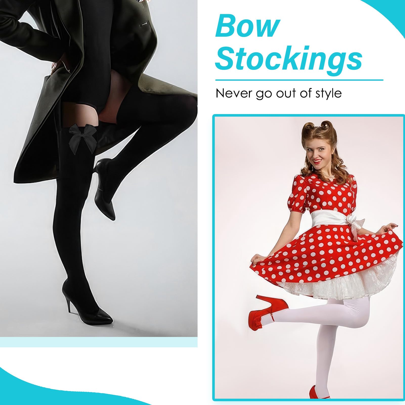 2 pares Medias Mujer,Antideslizante,Medias con Lazo,Estilo y Sofisticación,Opacas de Muslo de Mujeres Medias Largas Sobre Rodilla,Ideales para Todo Tipo de Fiestas, Ropa Familiar(Negro y Blanco)