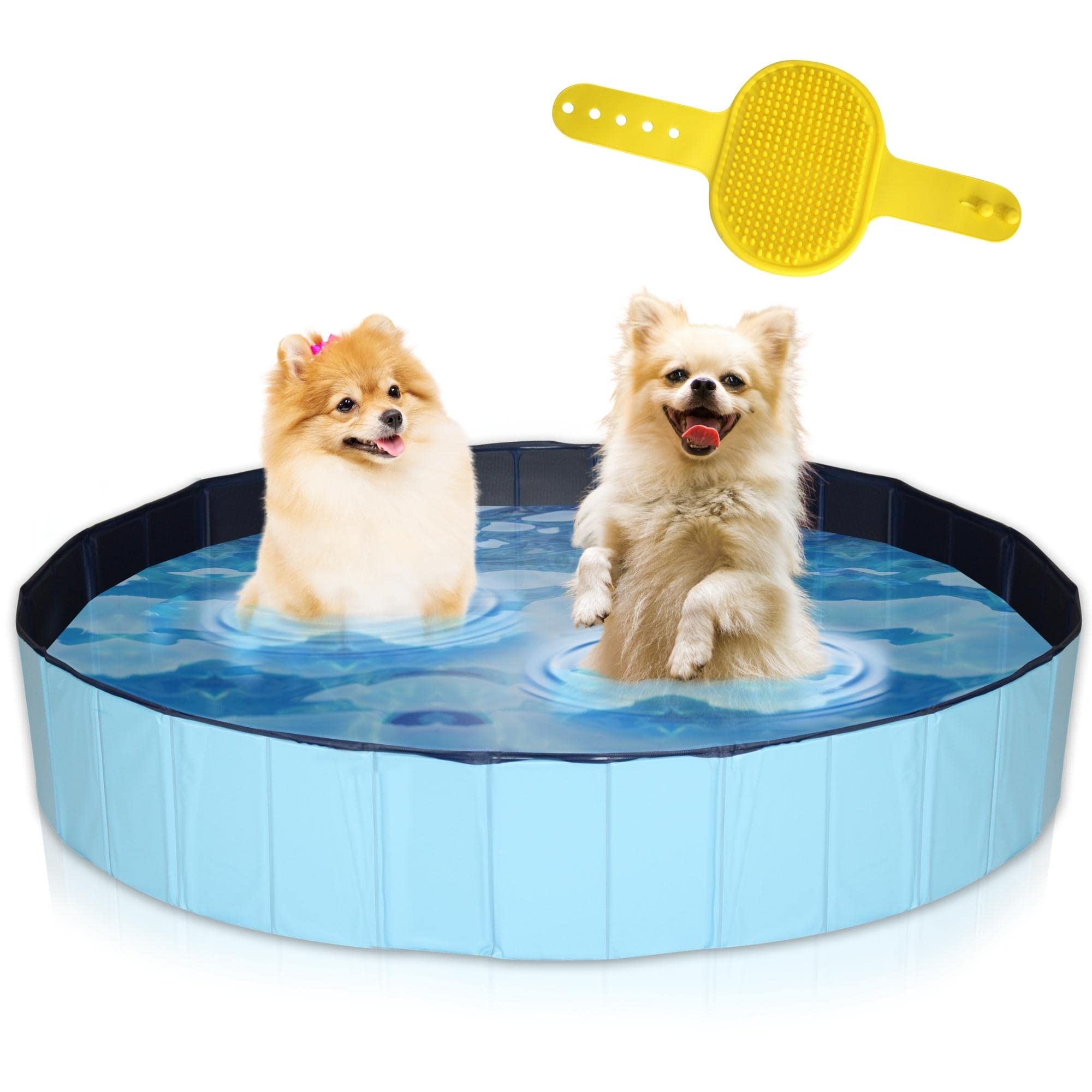 Piscine pour chiens Ø 160 x 30 cm - Bain pour chiens - Bassin pour animaux - Bassin pour animaux - Bassin sur pied - Pliable - PVC - Bleu - Avec peigne à brosse pour chien