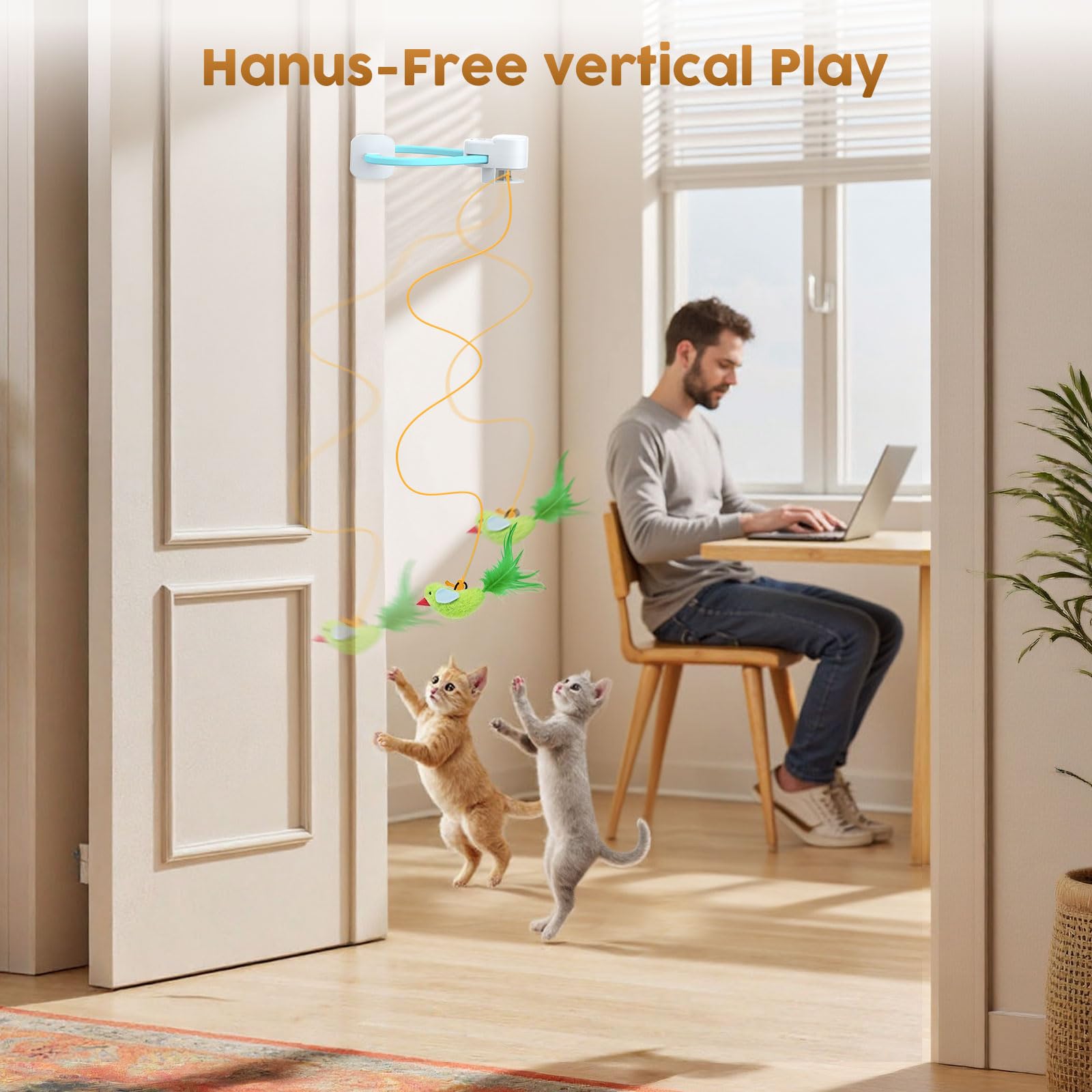 Interaktives Katzenspielzeug für Indoor-Katzen: Automatischer fliegender Vogel-Federstab, Jagd, Übung, Anreicherung, Stimulation, USB-wiederaufladbar, langlebig, sicheres Hängespielzeug für