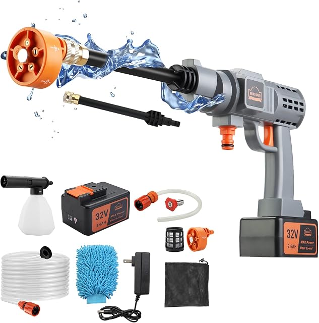 DEWINNER 32V Cordless Battery Powered Pressure Washer, 700PSI Portable Pressure Washer with 5-in-1 Adjustable Nozzle Suitable for Washing Cars/Fences/Siding