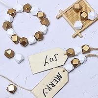 Vista 3 de 100 cuentas geométricas de madera de 0.630 pulgadas, cuentas espaciadoras de madera con forma de polígono dorado y blanco para proyectos