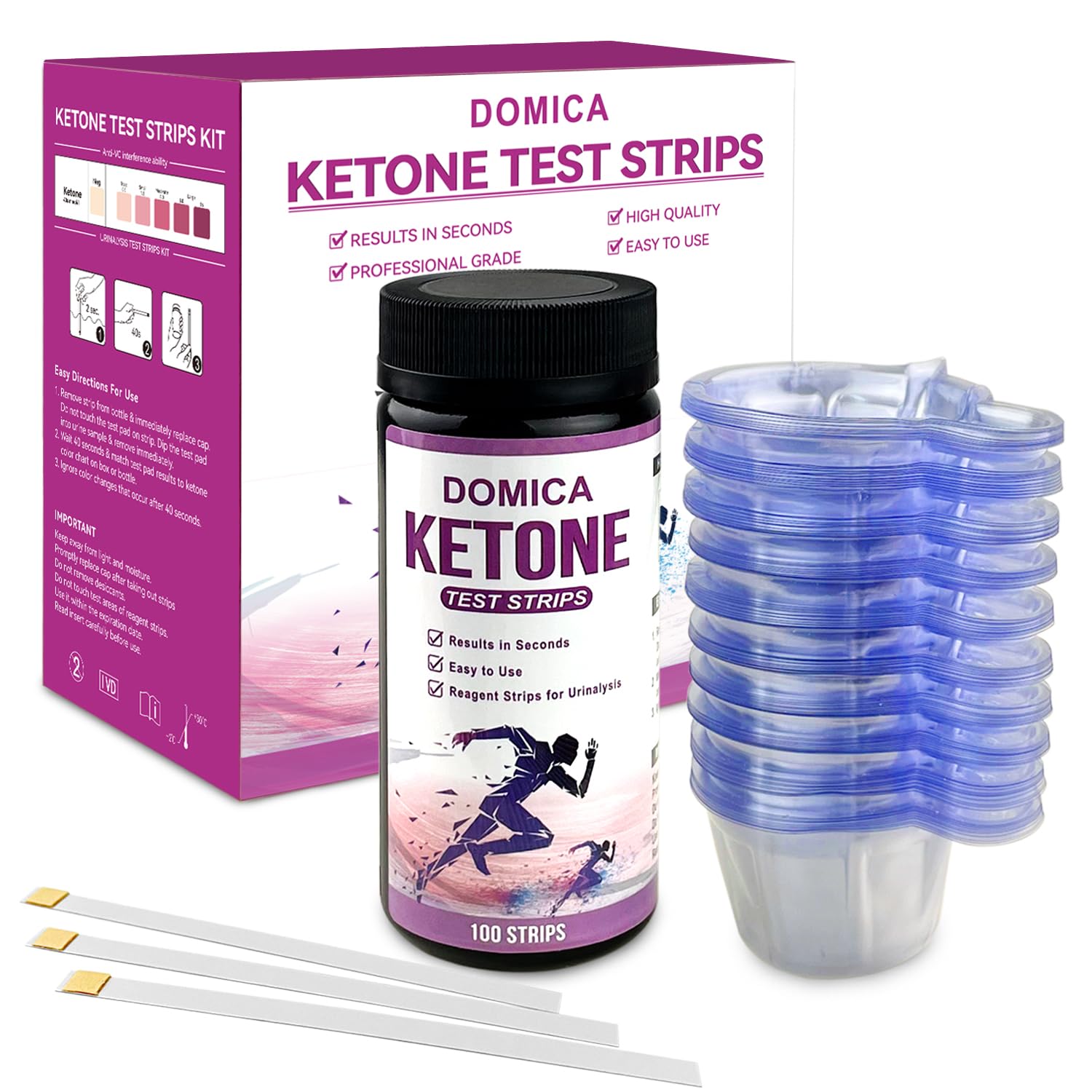 100 Urine Ketone Test Strips with 100 Urine Cups, Fast 40-Second Results, 3-Step Testing Keto Pee Sticks, Daily Ketone Checking Strips