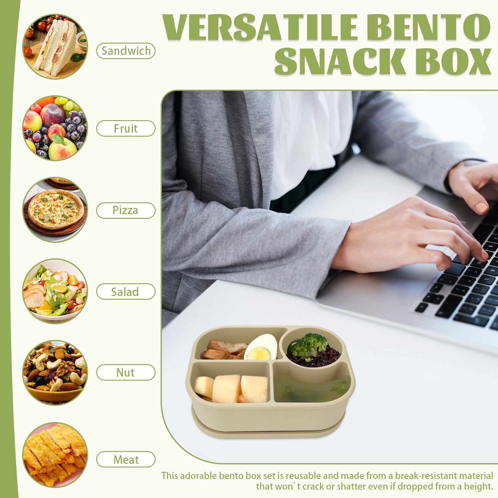 LELE LIFE Paquete de 2 cajas bento de silicona, contenedor de almuerzo hermético de 4 compartimentos, contenedores de almacenamiento de alimentos divididos de 850ml para preparación de meriendas y