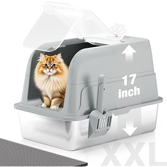 Stainless Steel Cat Litter Tray XXL Cat Litter Tray with Lid Easy to Clean Cat Litter Tray with High Metal Rim 120  Fully Transparent Hinged Lid Shovel and Mat - Grey