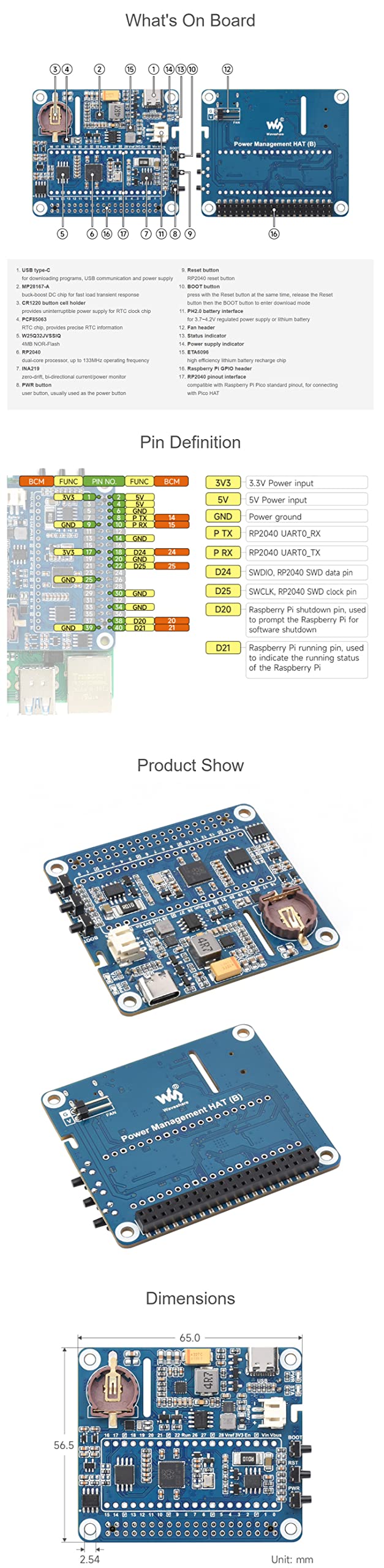 Power Management HAT for Raspberry Pi Series Board, Onboard RTC & Buck-Boost DC Chip, Supports Charging and Power Output at The Same Time