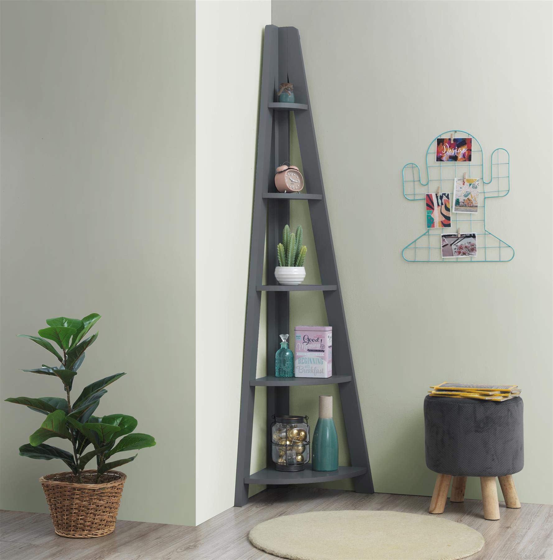 Timber Art Design UK Riva Scandinavian Retro Corner Ladder Bookcase 5 Tier Shelf Unit for Storage Modern Furniture for Bedroom, Living Room, Dark Grey - H 175.4 x W 38.6 x D 38.6 cm