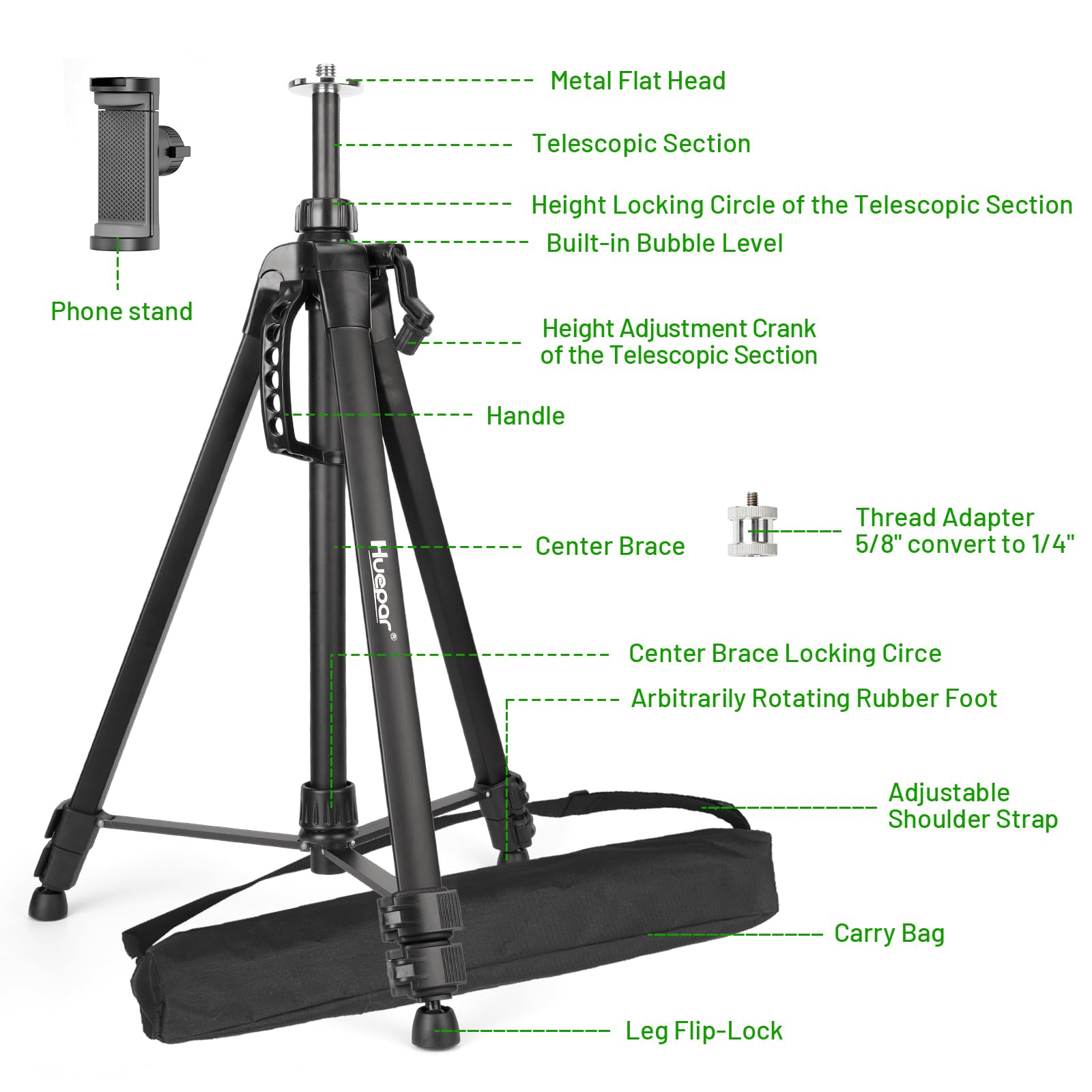 Huepar Treppiede in Alluminio per Livelli Laser a Punto–Testa Piatta, Impugnatura con Livella a Bolla, Filetto 5/8"-11 + Adattatore 1/4"-20, Supporto per phone Incluso, Borsa da Trasporto – TPD16A1