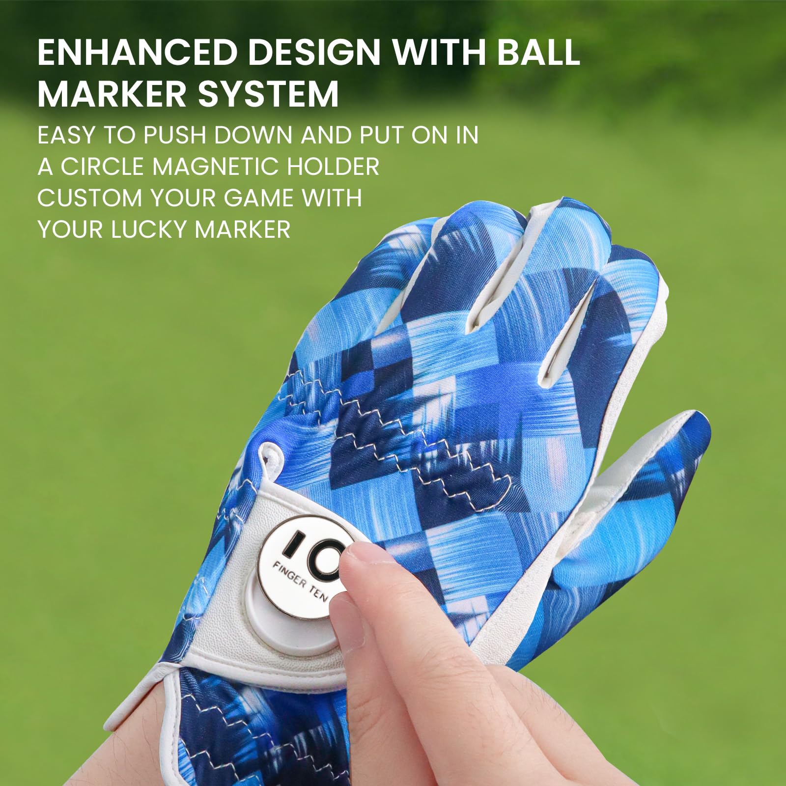 FINGER TEN Golf Gloves Men Left Hand Right with Ball Marker Cabretta Leather Weathersof Value Pack,Mens Golf Glove Fashion Pattern Wear Resistant (Navy - Image 3