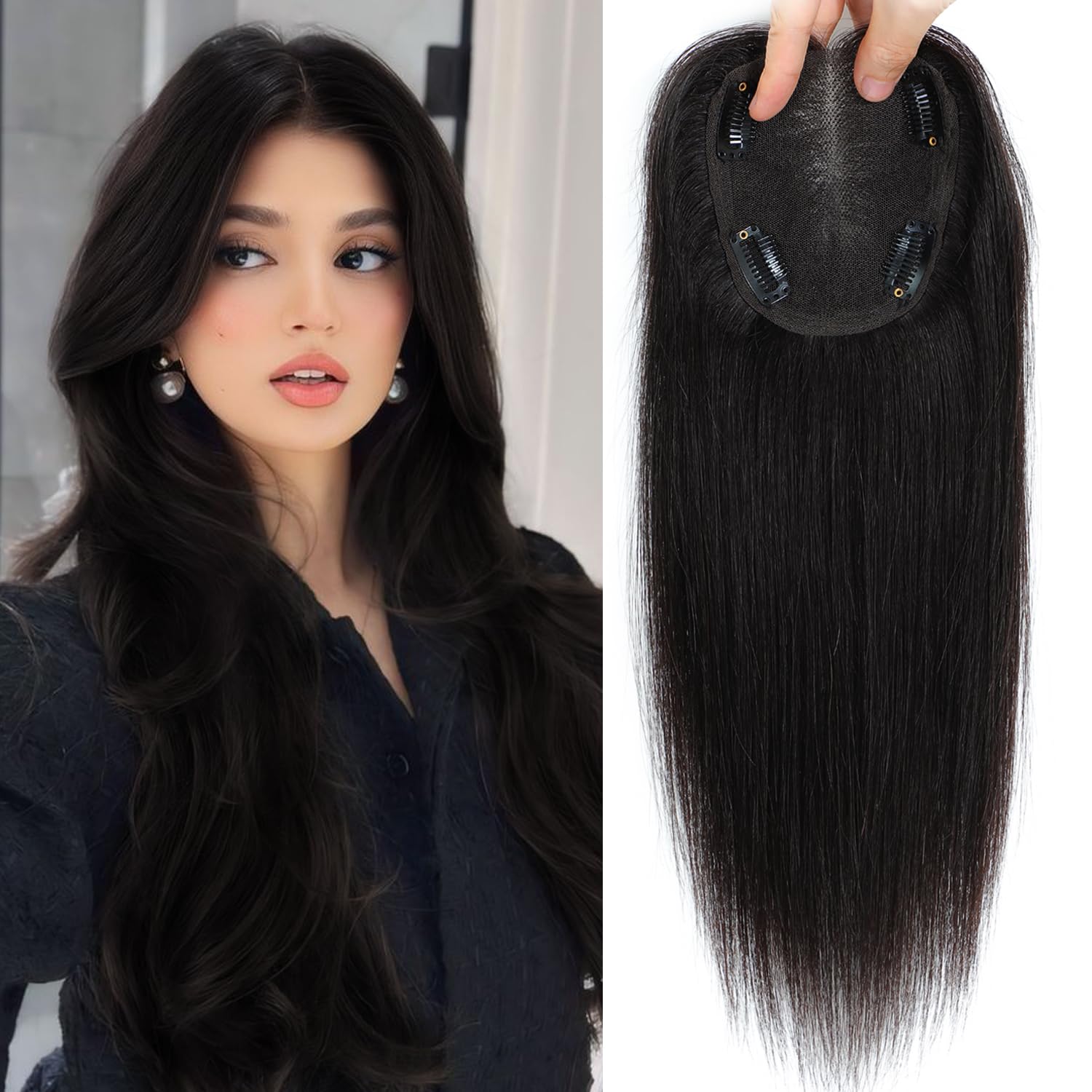 Hair Toppers for Women Real Human Hair Upgrade Swiss Lace Base Hand-Tied Invisible 12 Inch Toppers Hair Pieces for Women -Natural Black