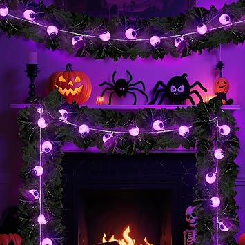 JUNEBRUSHS Black Maple Leaf Halloween Garland with Lights, Artificial Black Leaves Garland with Eyeballs Lights for Fireplace Mantel Decor Indoor Outdoor Home Halloween Decorations