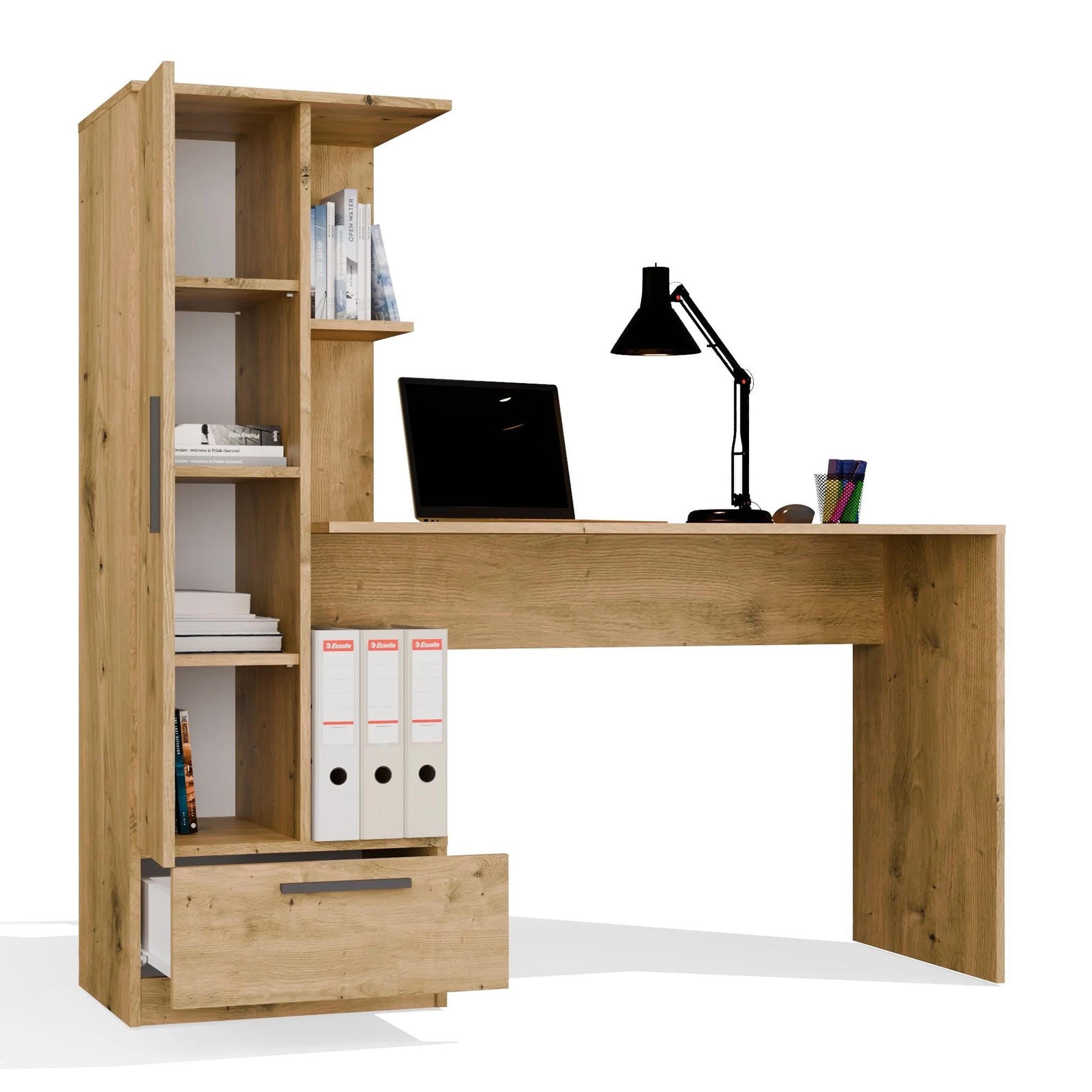 CDF Biurko z Regałem Szufladą 140cm 3 Półki Praca Zdalna Home Office Biurko Komputerowe Ergonomiczne Pokój Młodzieżowy Pokój Dziecięcy Sypialnia Gabinet PC Prowadnice Dąb Artisan Płyta Laminowana 16mm