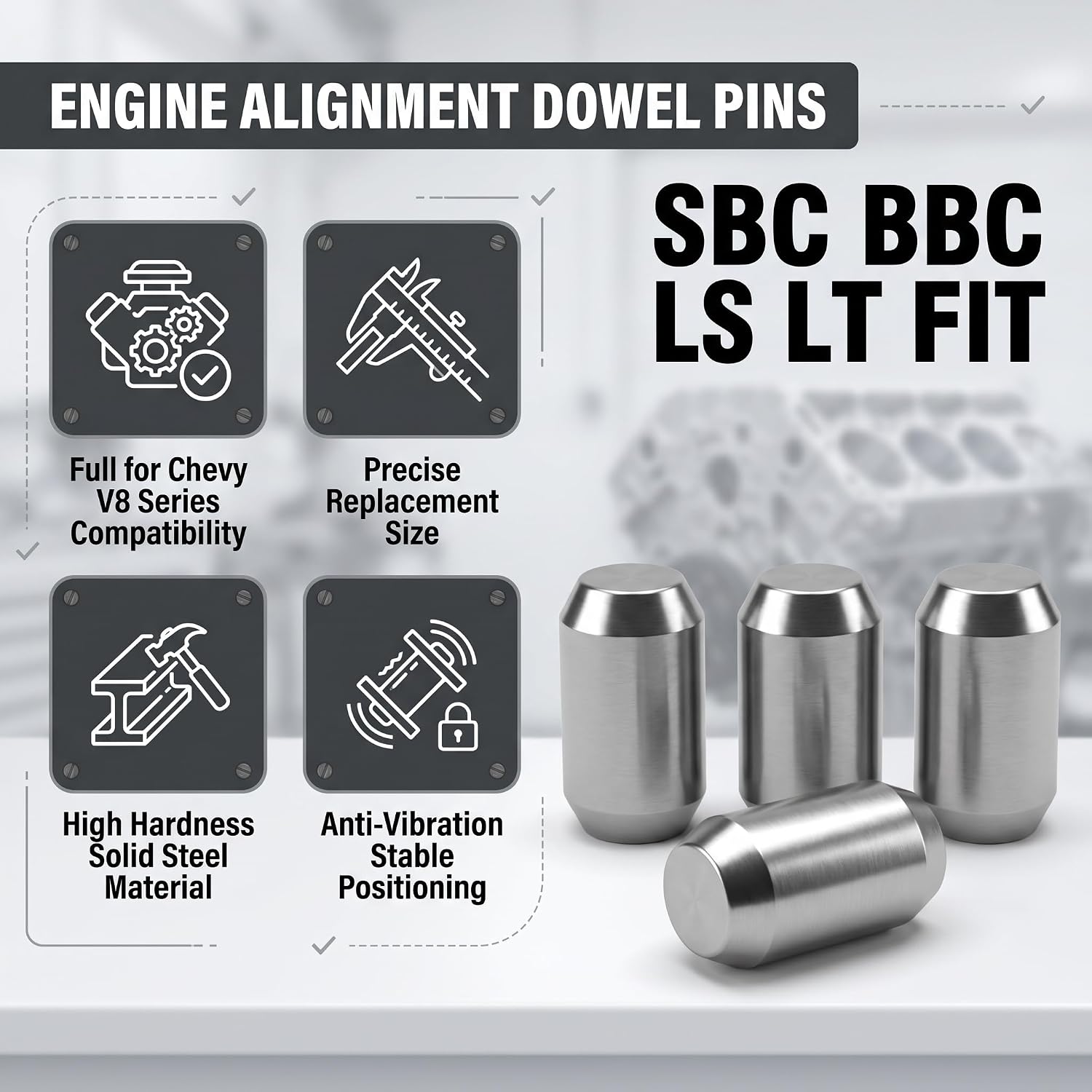 SBC BBC LS LT Bellhousing Alignment Dowel Pins for Chevy V8 Engine-4PCS | Standard Length, Dowel Pins for Chevrolet Small & Big Block V8 Engine to Transmission - LS/LT, 1997 & Up