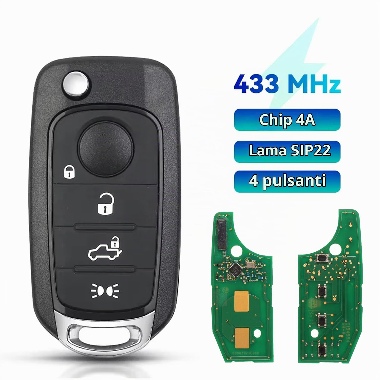 Heart Horse 433Mhz 4 Tasti Fiat 500X Ricambio Chiave per Telecomando Auto | Compatibile con Fiat 500X Tiro Egea 2016-2018 Chiave Cover Guscio con Hitag AES / 4A Chip e SIP22 Lama & Batteria