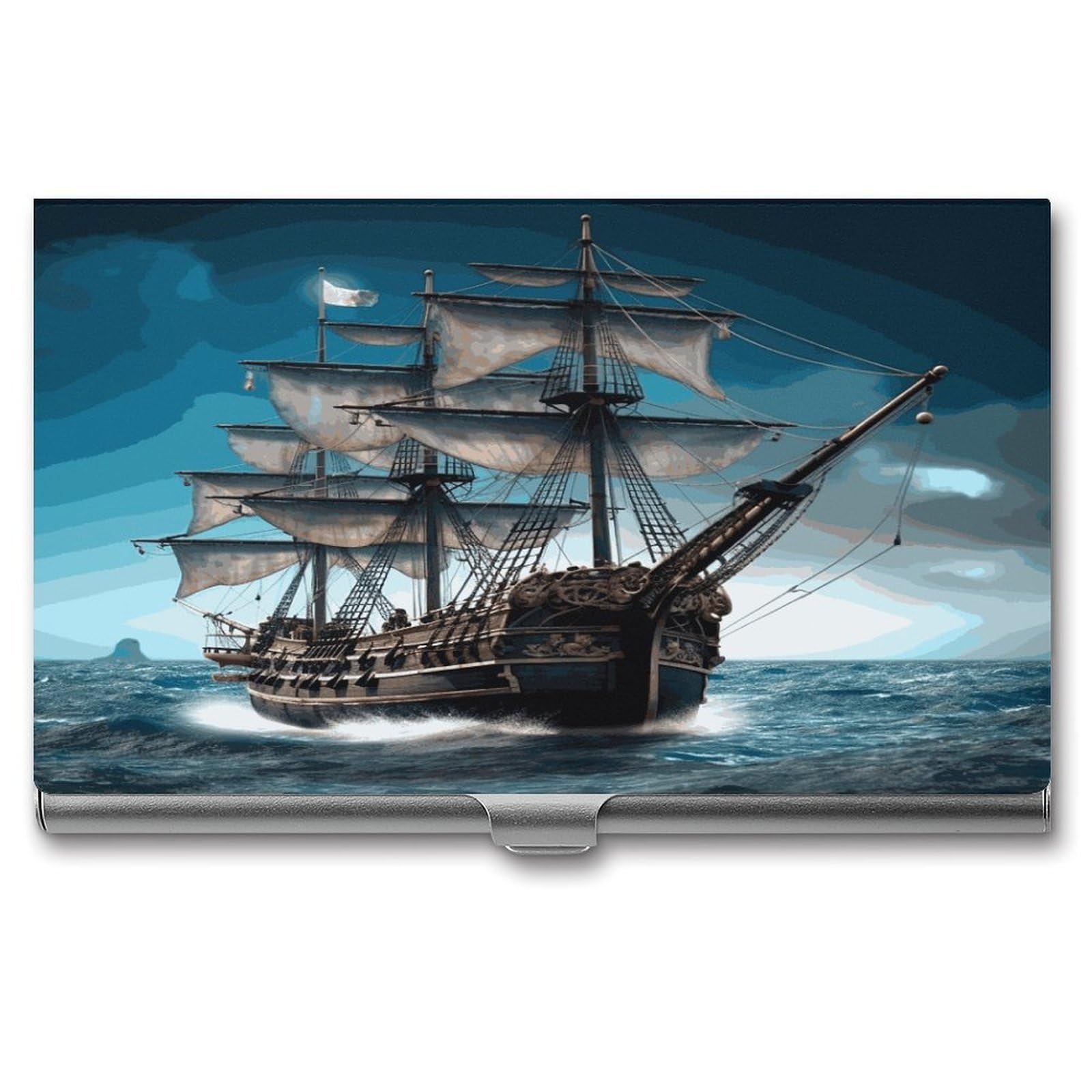 LDGSUPH Pirate Ship Business Card Holder Fashion Slim Name Card Holder Minimalist Design Case Metal Card Carrier Personalized Business Card Case with Flip for Men Women