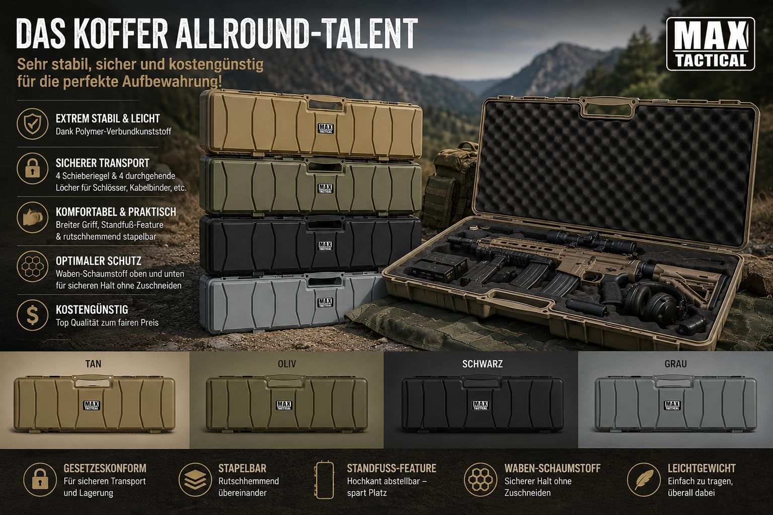 Hard-Case Waffenkoffer – Robuster Polymer-Koffer mit Schaumstoff-Inlay, stapelbar & abschließbar – für Gewehr & Pistole