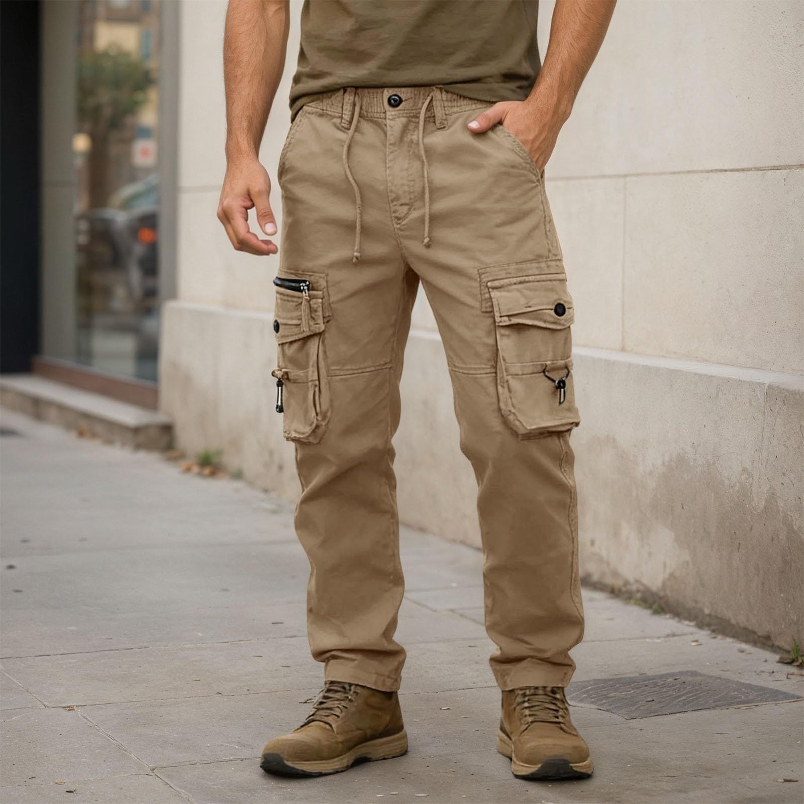 CHUNOTU - Pantalones de trabajo para hombre, cintura elástica, casuales, pantalones deportivos sueltos, pantalones de chándal de ajuste regular, pantalones cargo de combate y senderismo