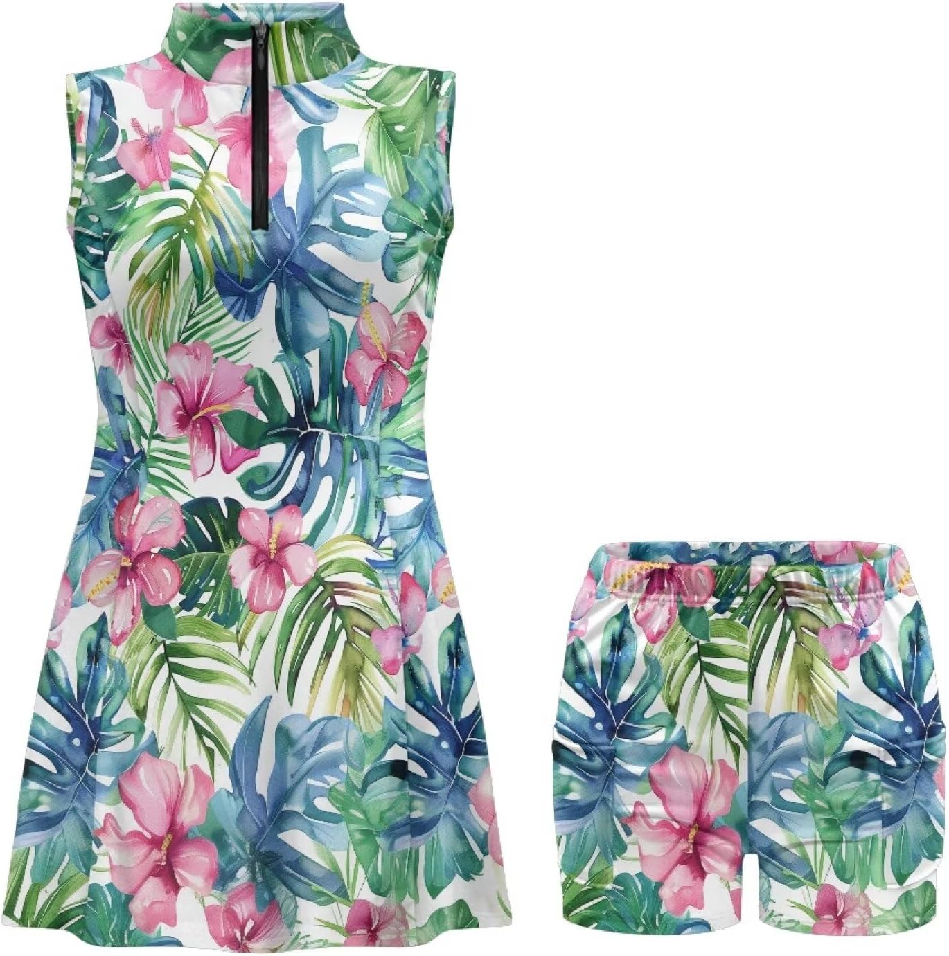 Gomyblomy Tennis Golf Dresses for Women with Built-in Shorts Zipper V-Neck Sleeveless Workout Athletic Dress with Pocket