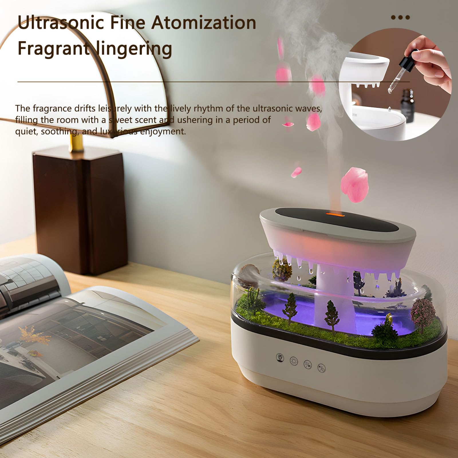Diffuseur d'arômes avec veilleuse 7 Couleurs, humidificateur Rain Cloud 250 ML, diffuseur d'huiles essentielles avec Lampe Champignon Goutte d'eau, Bruit Blanc (Blanc)