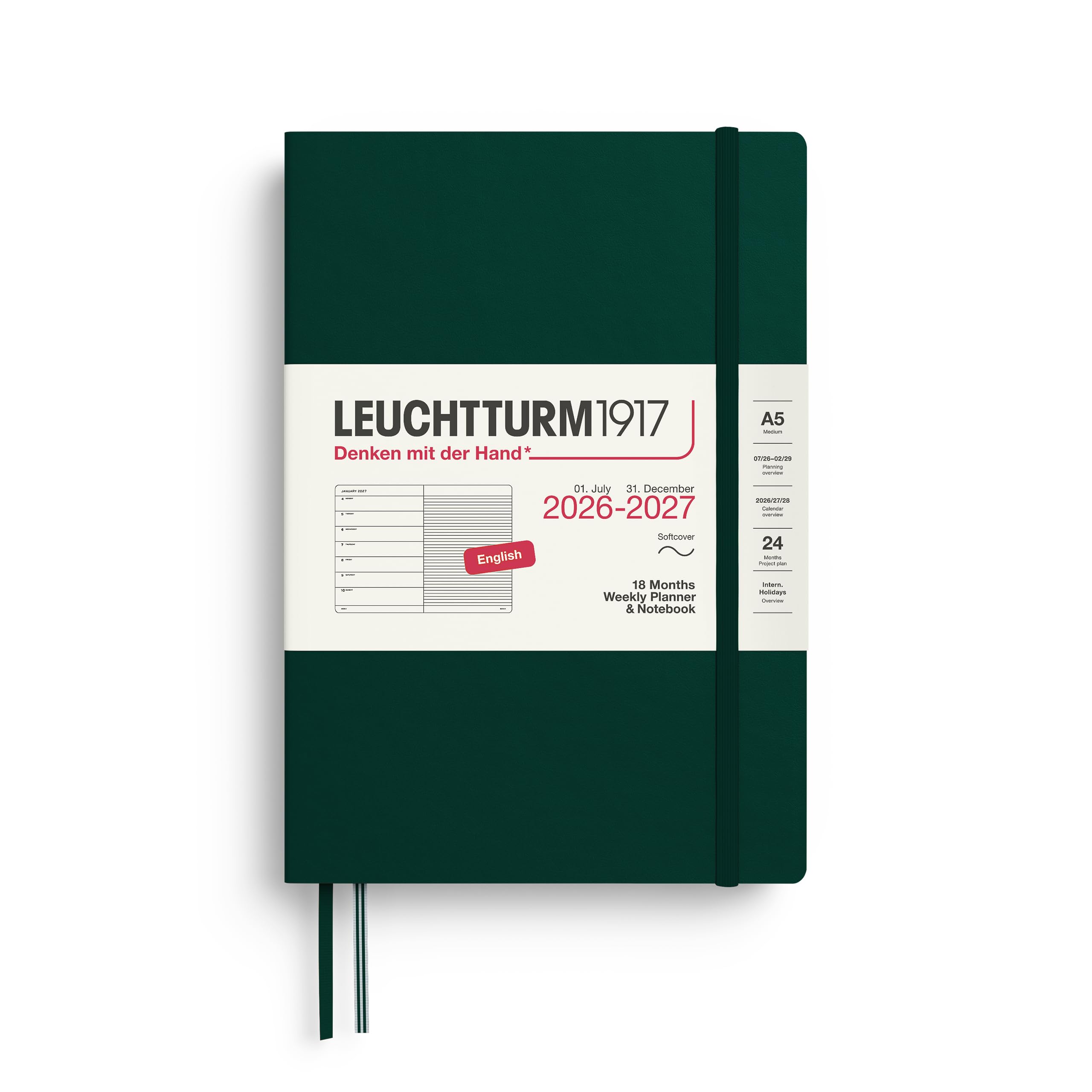 LEUCHTTURM1917 2027 A5 Weekly Planner with Notebook, Lined, Diary English, 18 Months July 2026 - December 2027, Forest Green, Softcover 210 x 145 mm, Week to View Left, Note Page Right