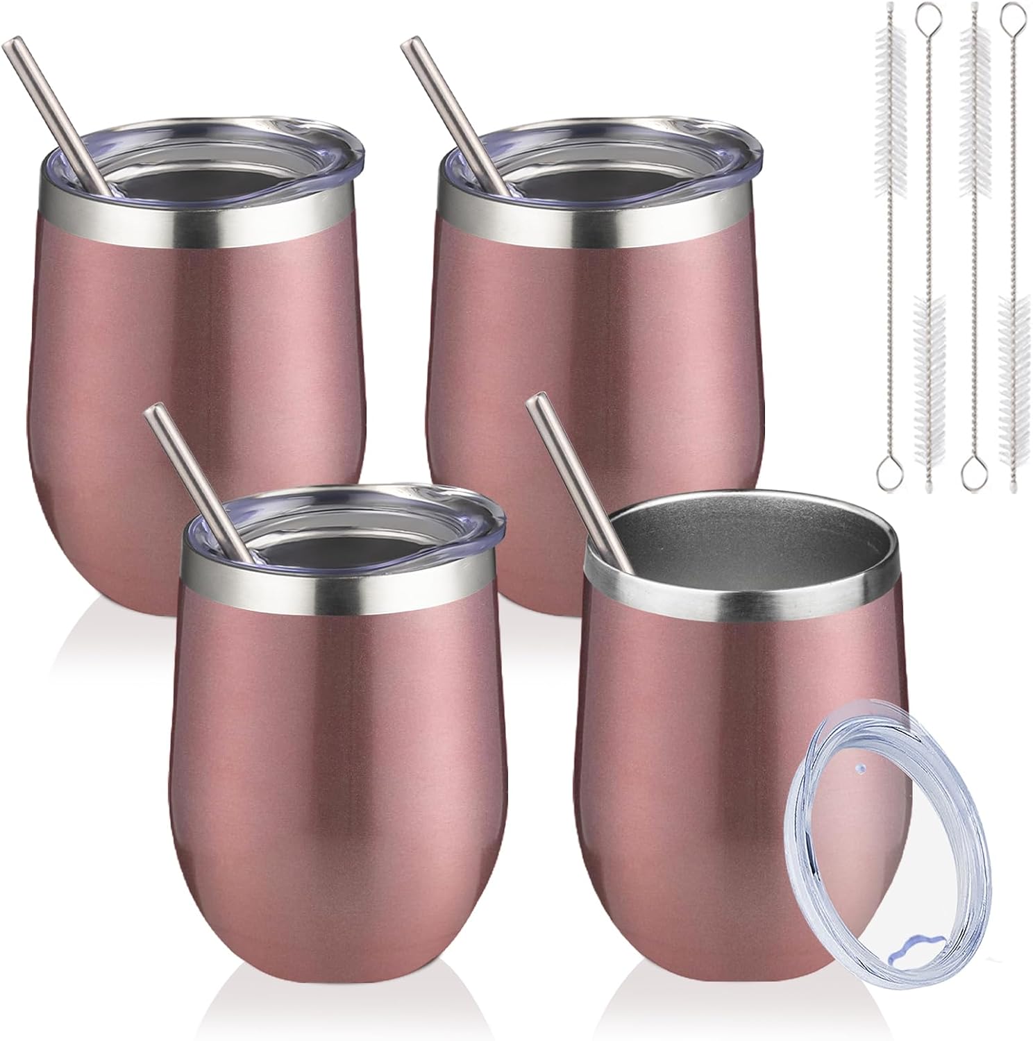 12oz/4 Pack Wine Tumbler with lid, Stainless Steel Travel Mugs Stemless Double Wall Insulated Coffee Cup, Insulated Wine Glasses Travel Tumbler for Cold & Hot Drinks(Rose Gold,4)
