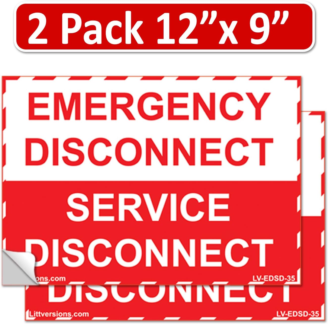 2 Pack 12"x 9" NEC compliant Emergency Disconnect Service Outdoor Rated Laminated Labels Decal Sign Notice Danger Sticker Electrical Panel Waterproof (Red and White)