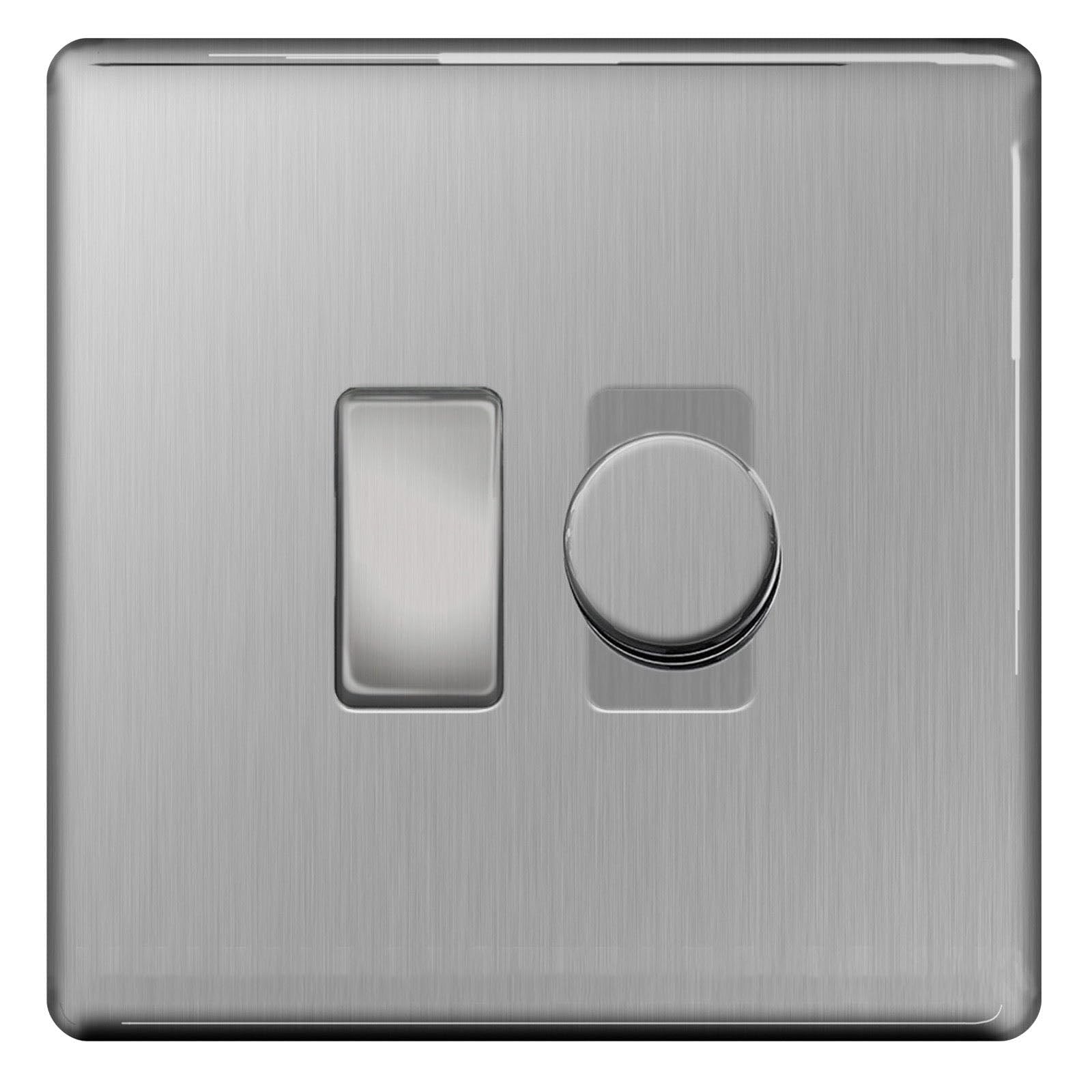 BG Brushed Steel Screwless 2 Gang Switch 1x Trailing Edge LED Dimmer 1x 2 Way