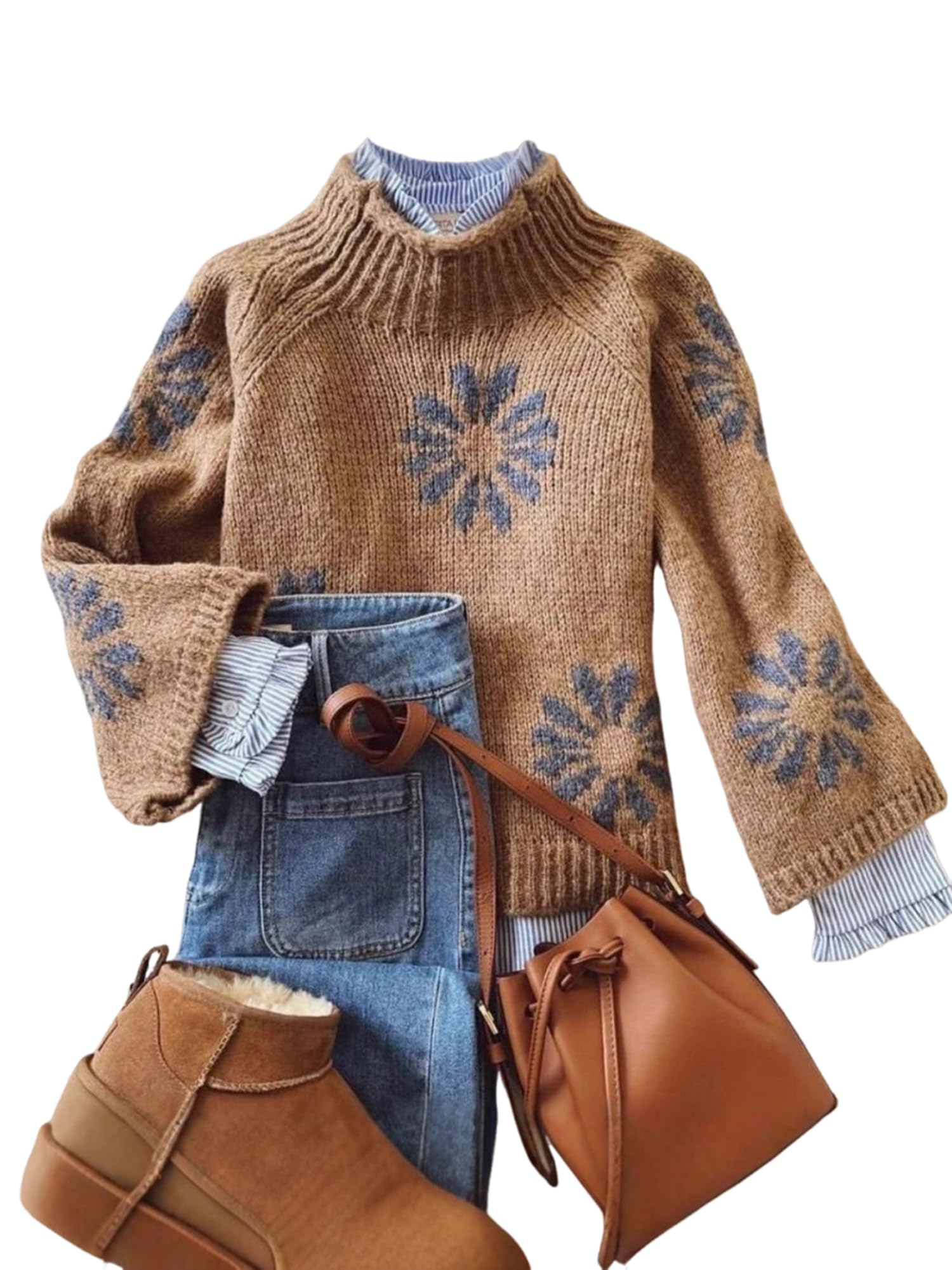 Apvirdy Womens Floral Mock Neck Sweater Chunky Layered Look Sweater Vintage Oversized Pullover Knitted Sweaters Fall 2025