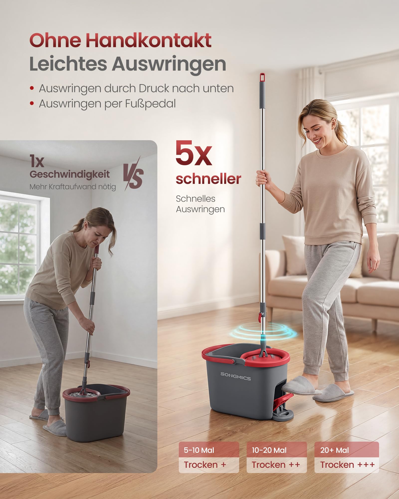 SONGMICS Wischmopp-Set mit Eimer, Bodenwischer mit Schleuder, Putzeimer mit Pedal und Auswringfunktion, Teleskopstiel 122,5-150 cm, 360°-Drehkopf, 3 Mikrofaserbezüge, grau-rot LMB002GT03