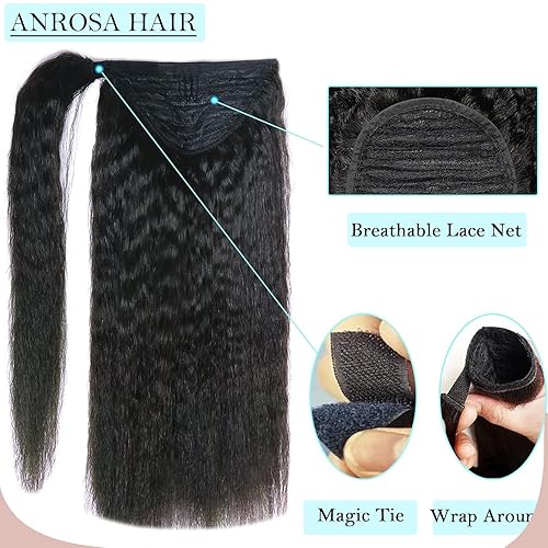 Miniatura 2 de Anrosa Cola de caballo de cabello humano rizado lacio para mujeres negras, cinta mágica 100% Remy, extensiones de cabello humano brasileño ondulado,