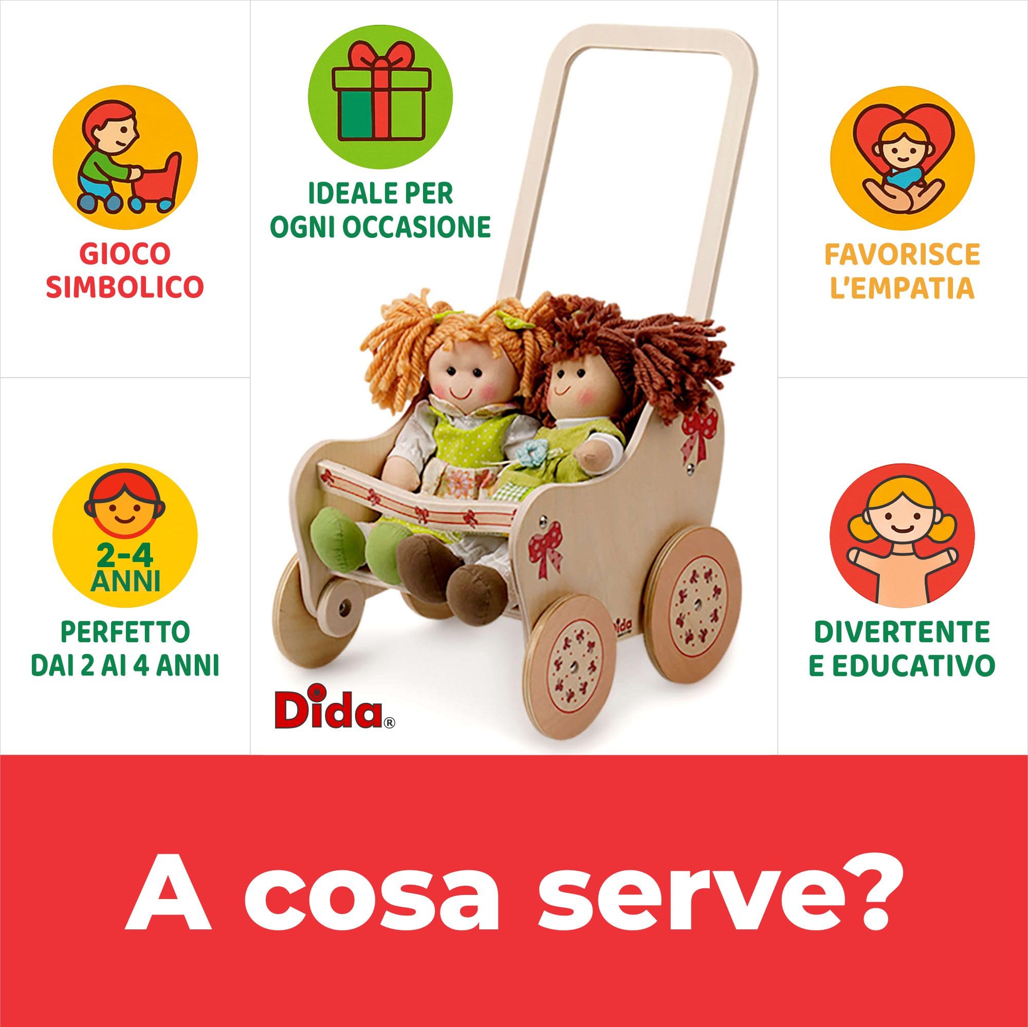 Dida | Passeggino in Legno per Bambole Fiocco, Small | 28×23×49 cm | Ruote Silenziose, Manico Ergonomico, Sedile Decorato | Gioco Montessori 2–4 Anni | Carrozzina per Bambole fino a 35 cm