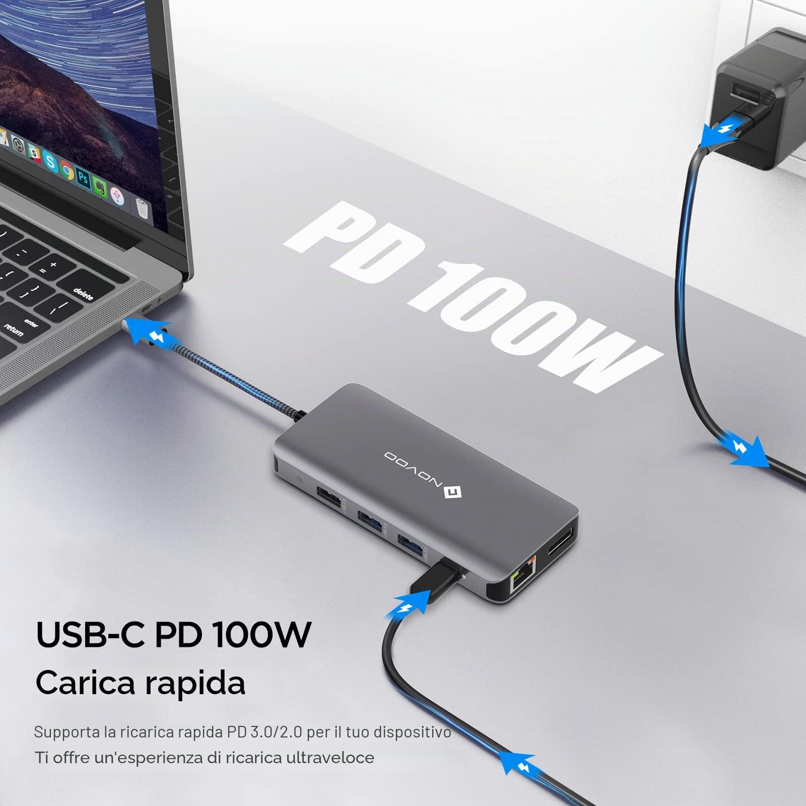 NOVOO Docking Station Triple Display USB C Hub Con HDMI 4K@60Hz e DisplayPort 4K@120Hz, Gigabit Ethernet, 100WPD, SD/TF, 4 Porte USB per MacBook e Altri Laptop USB C