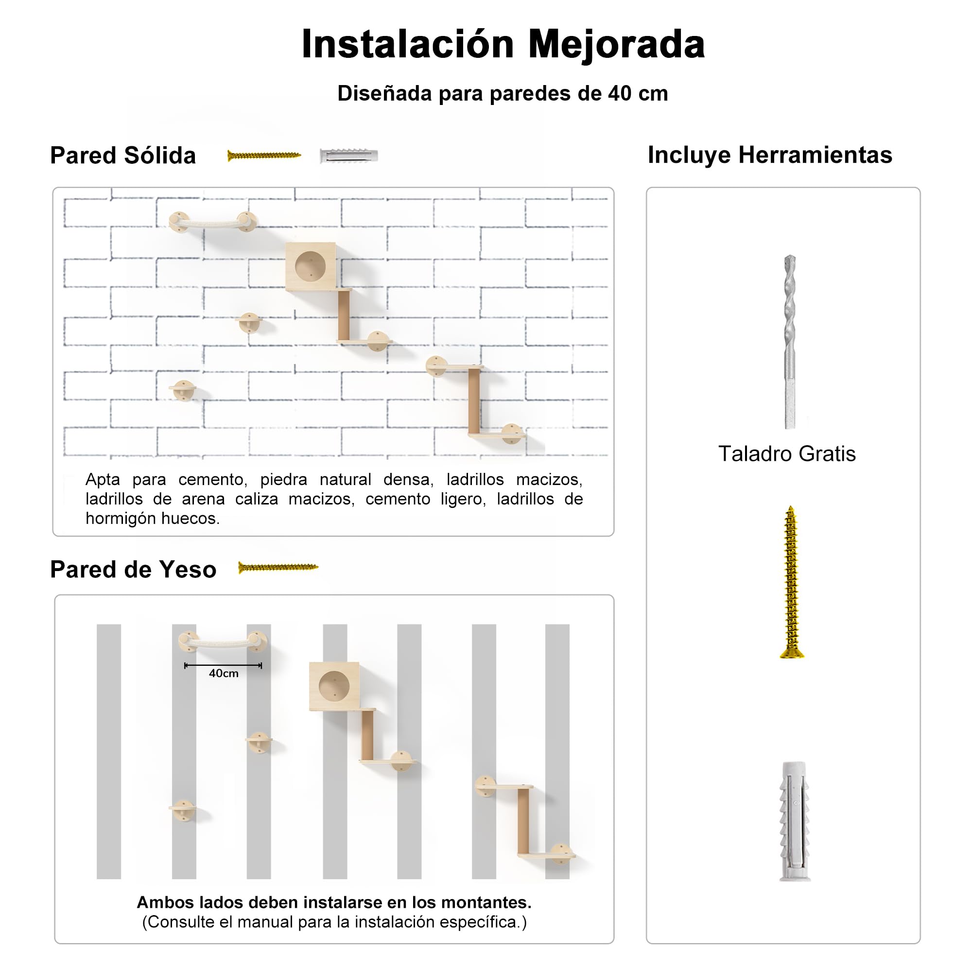FUKUMARU Estantes de pared para gatos, juego de muebles de pared de madera estable, 5 piezas, escalador de gatitos con hamaca, casa, escalones, poste rascador, beige